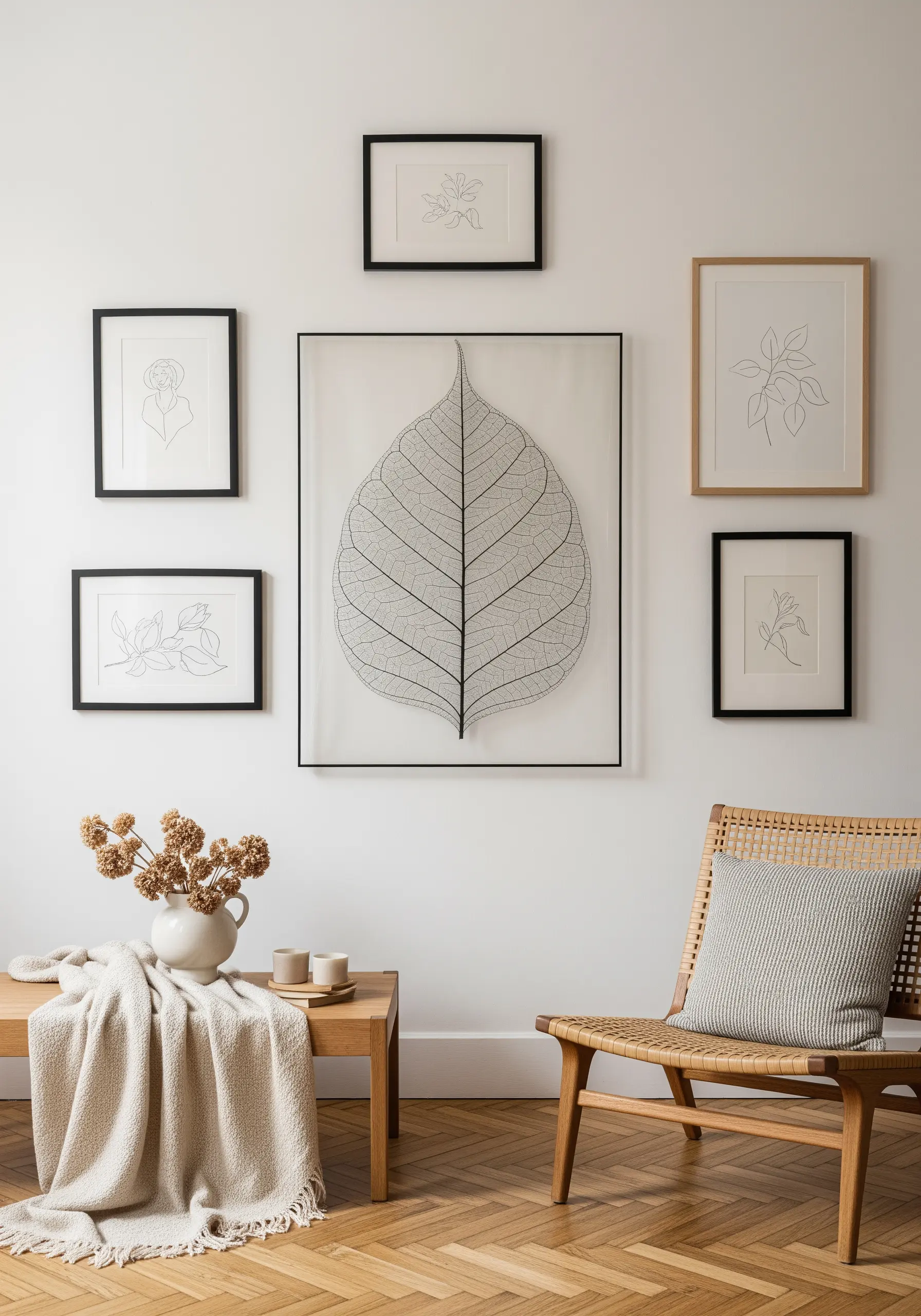 A gallery wall featuring several framed pieces of minimalist leaf and flower line art embroidery.