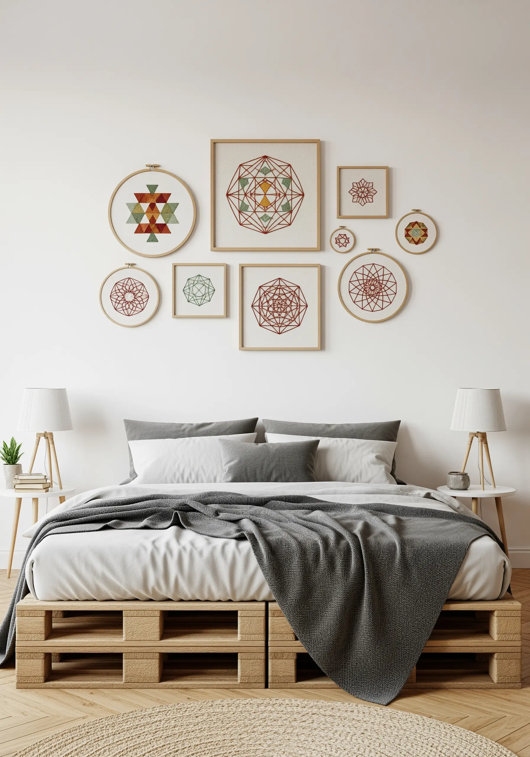 A gallery wall of geometric embroidery in hoops and frames above a bed.