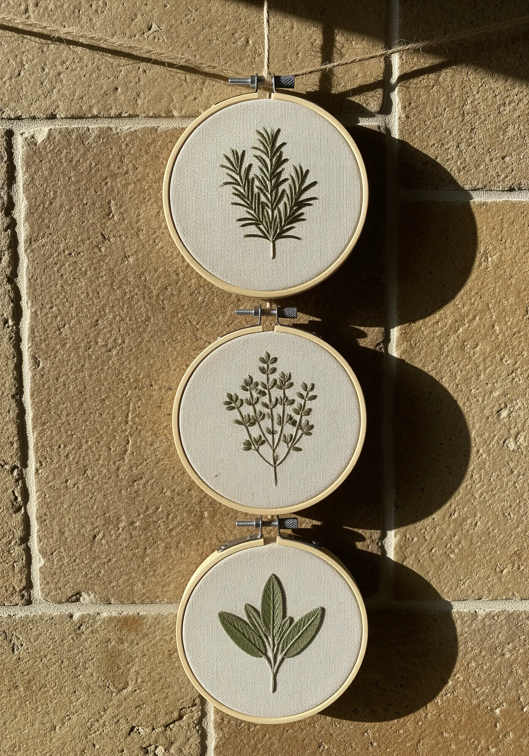 Trio of small embroidery hoops, each featuring a different green herb