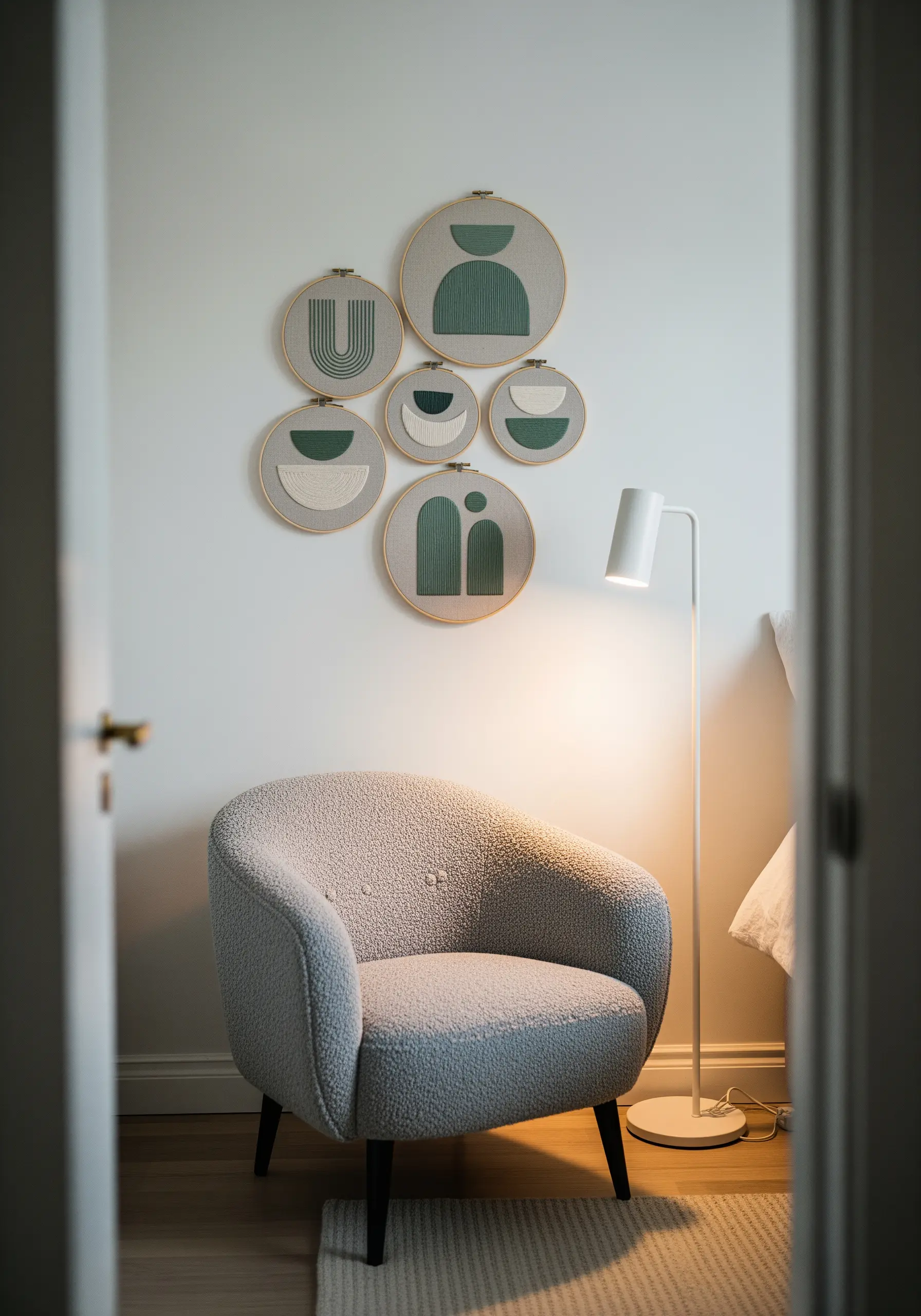 A gallery wall of six embroidery hoops with abstract green and cream geometric shapes.