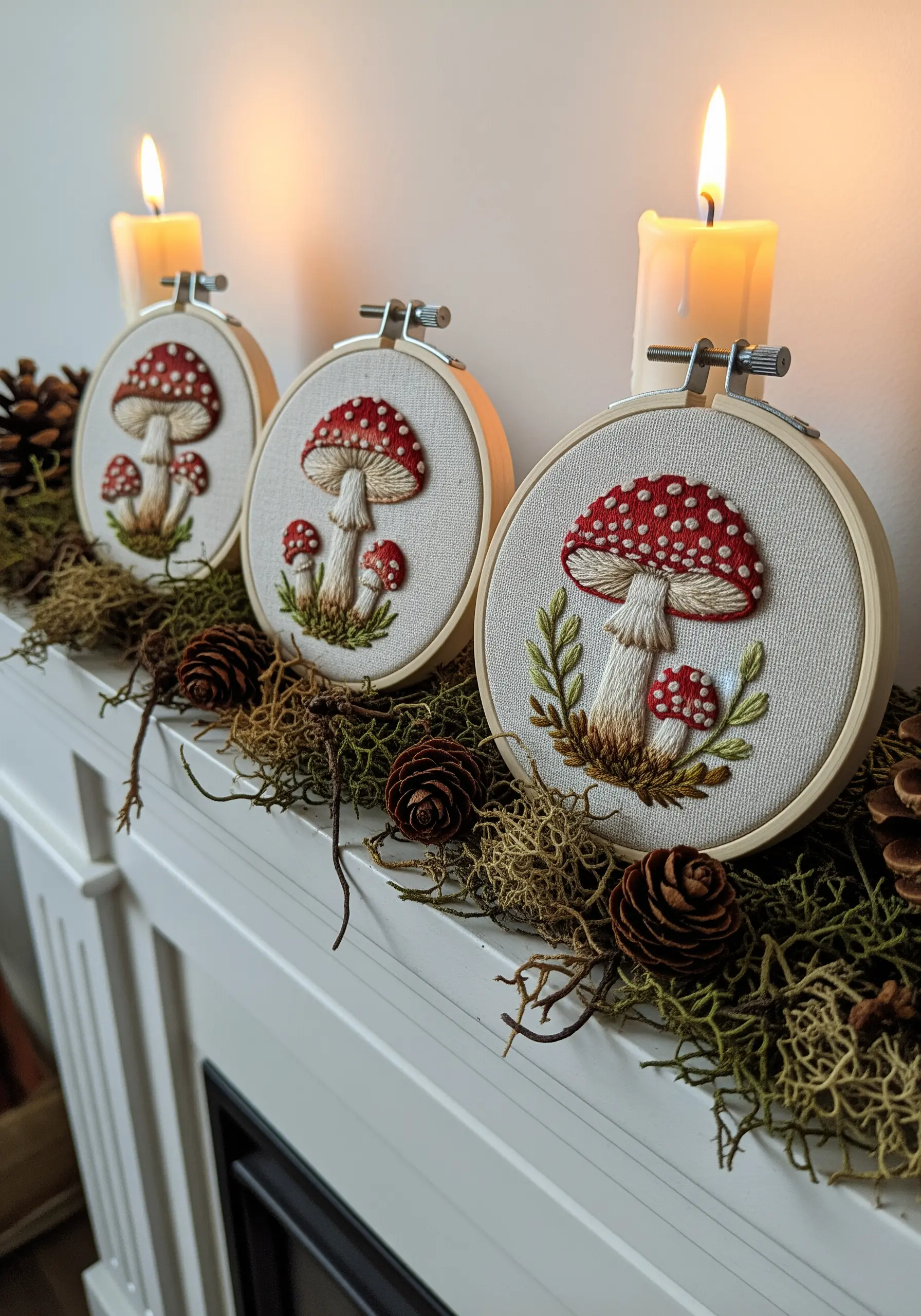Three embroidery hoops with red-capped mushrooms displayed on a fireplace mantel