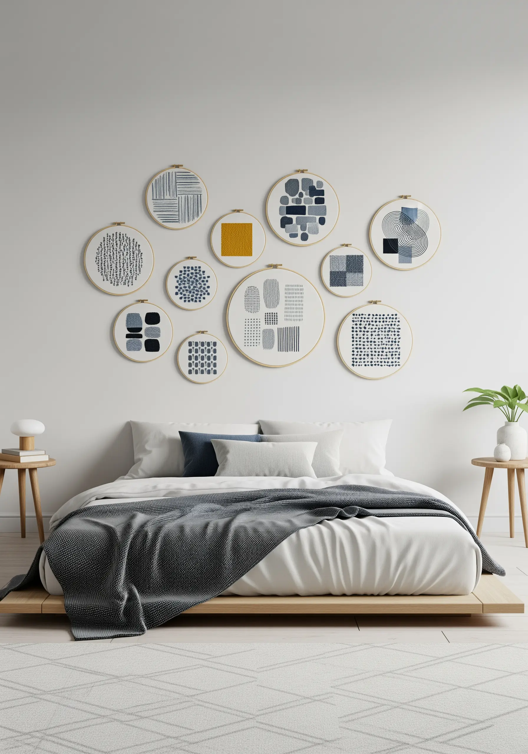 A gallery wall of nine embroidery hoops with abstract geometric patterns above a bed.