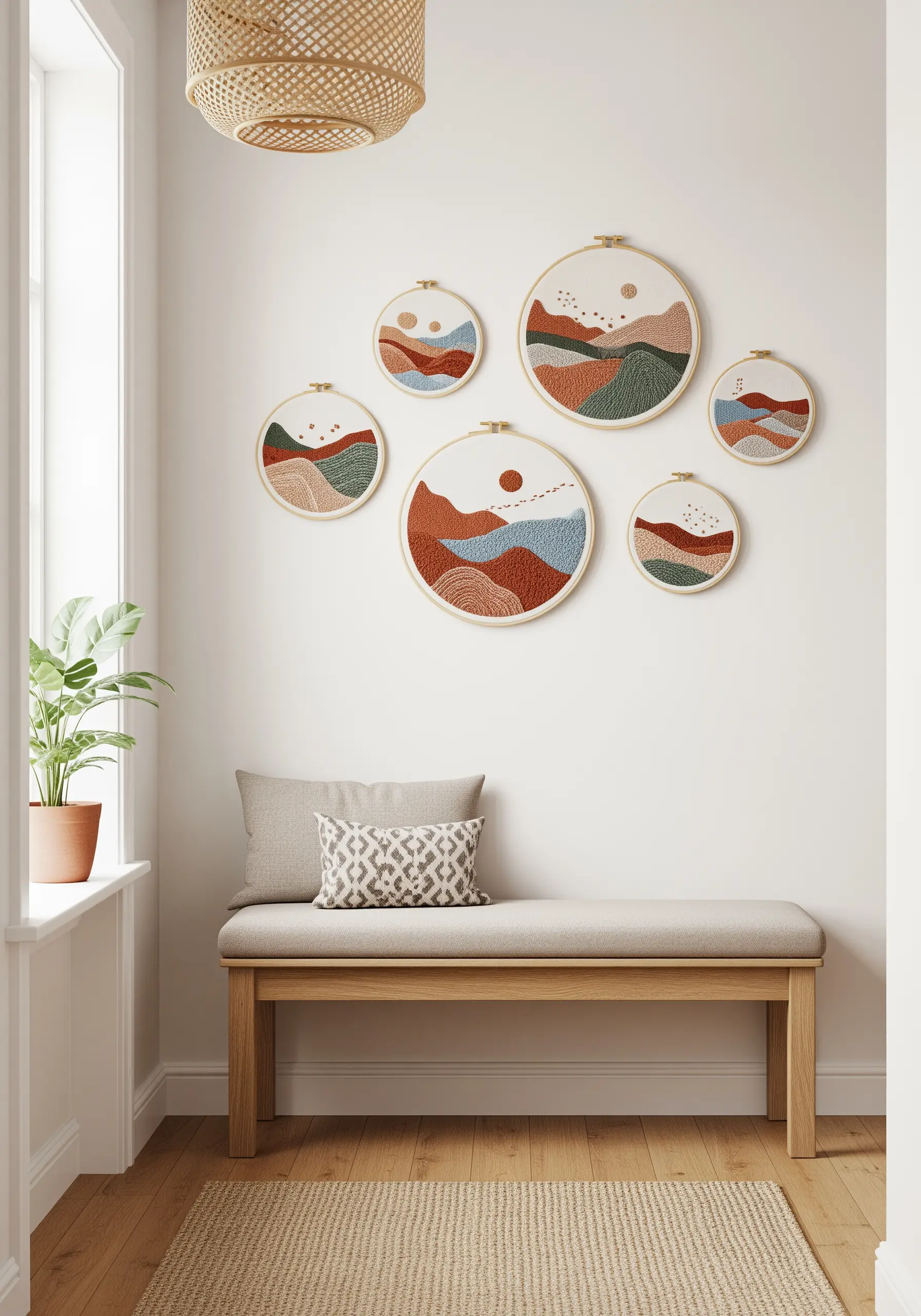 A gallery wall of six embroidery hoops featuring abstract landscapes in earthy tones.