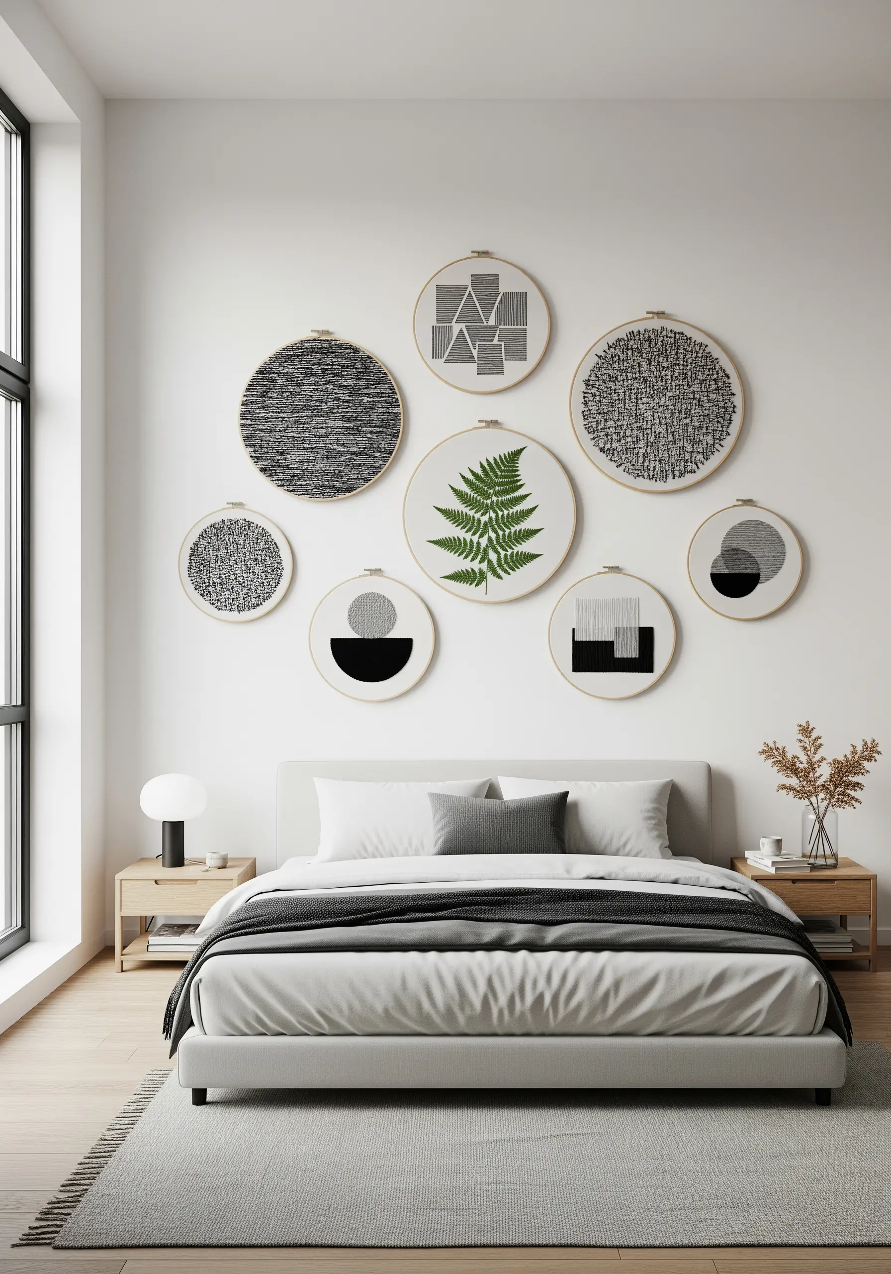 A gallery wall of seven embroidery hoops with abstract and botanical designs above a bed.