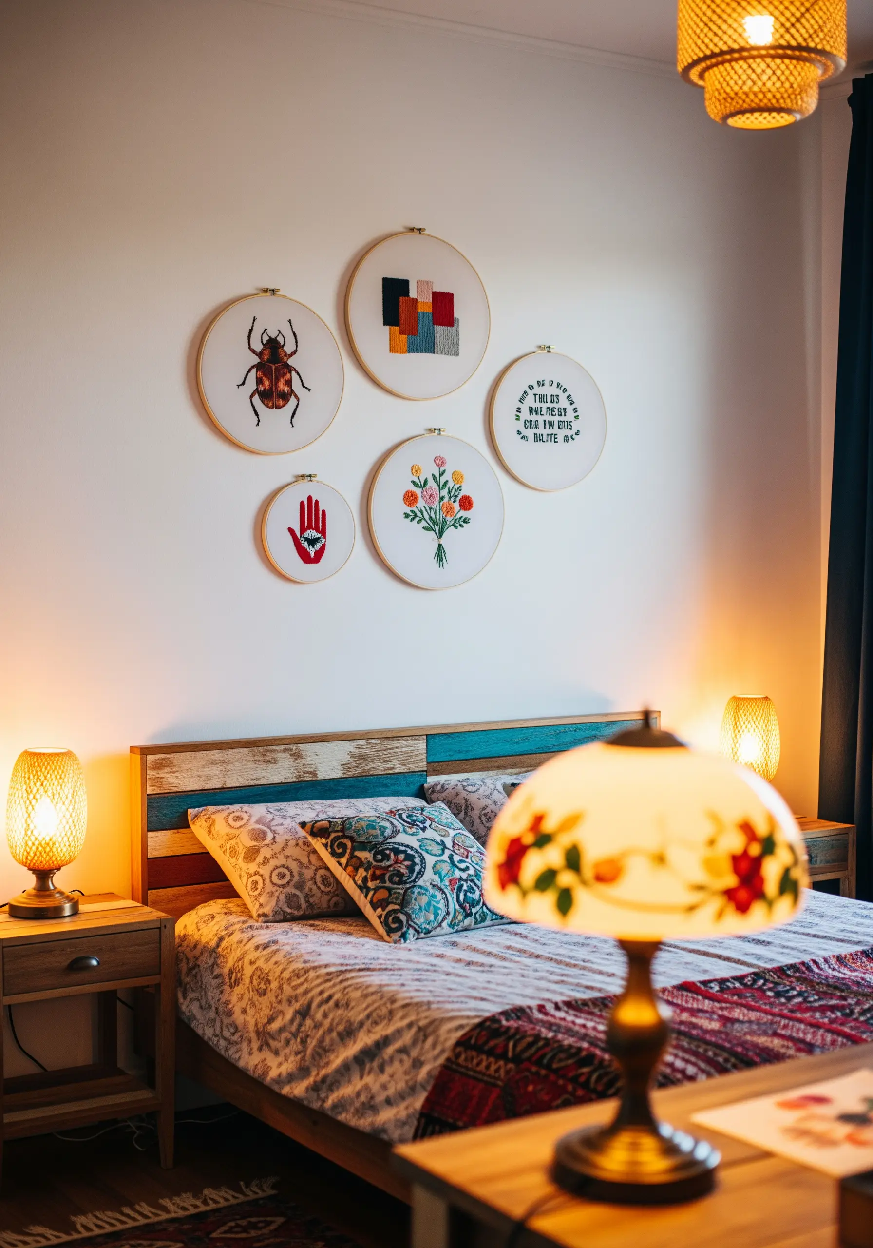 A gallery wall of five embroidery hoops with different motifs above a bed.