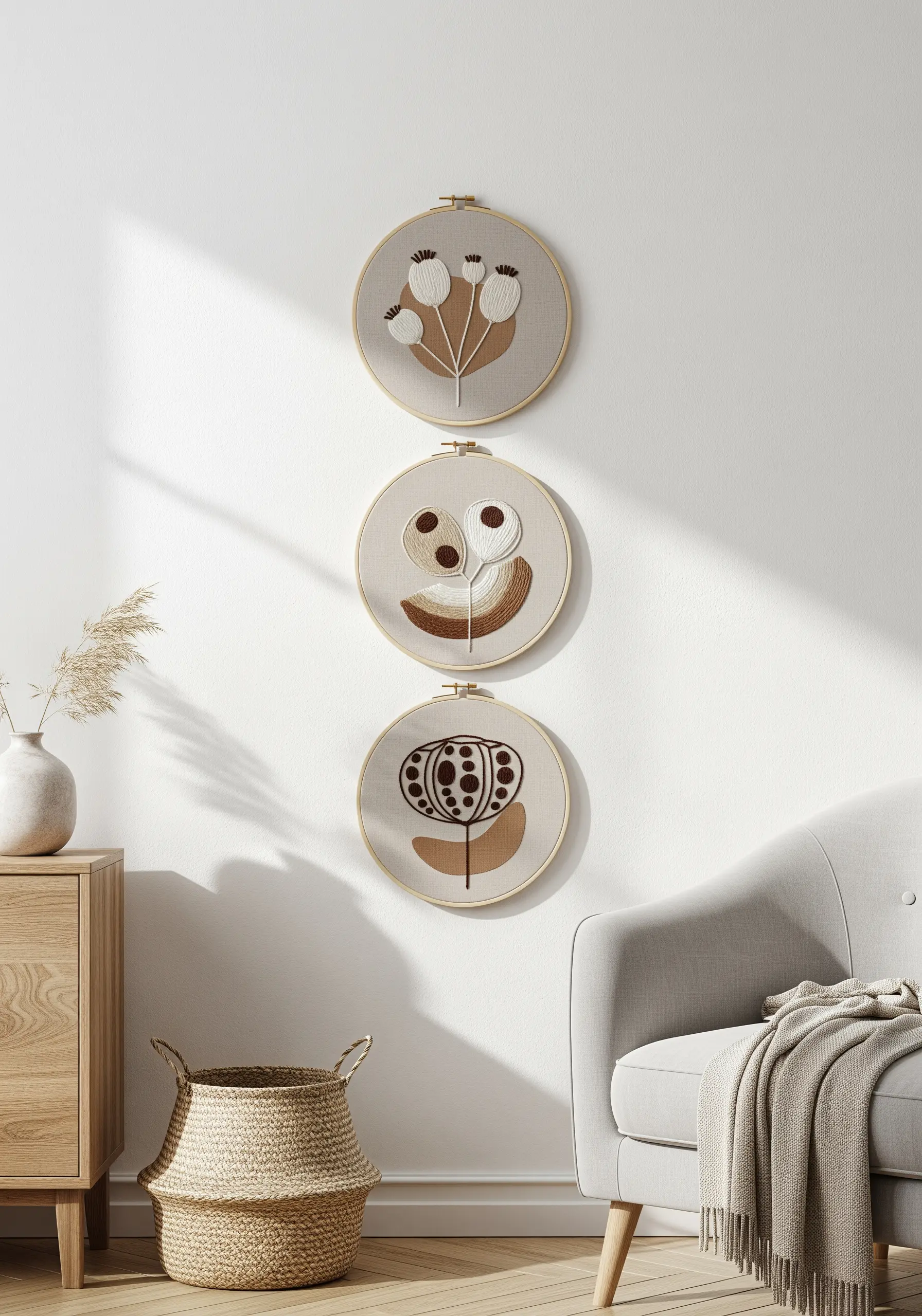 Three embroidery hoops with abstract botanical designs in brown and cream.