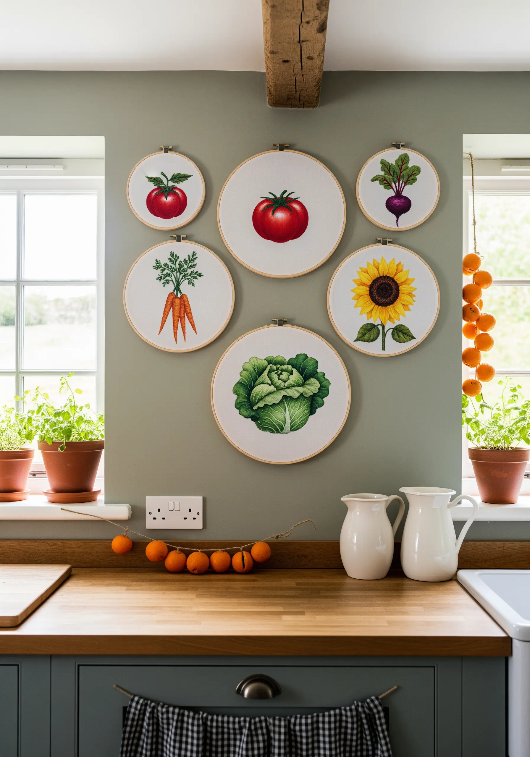 A gallery wall of embroidered vegetables and a sunflower in wooden hoops.