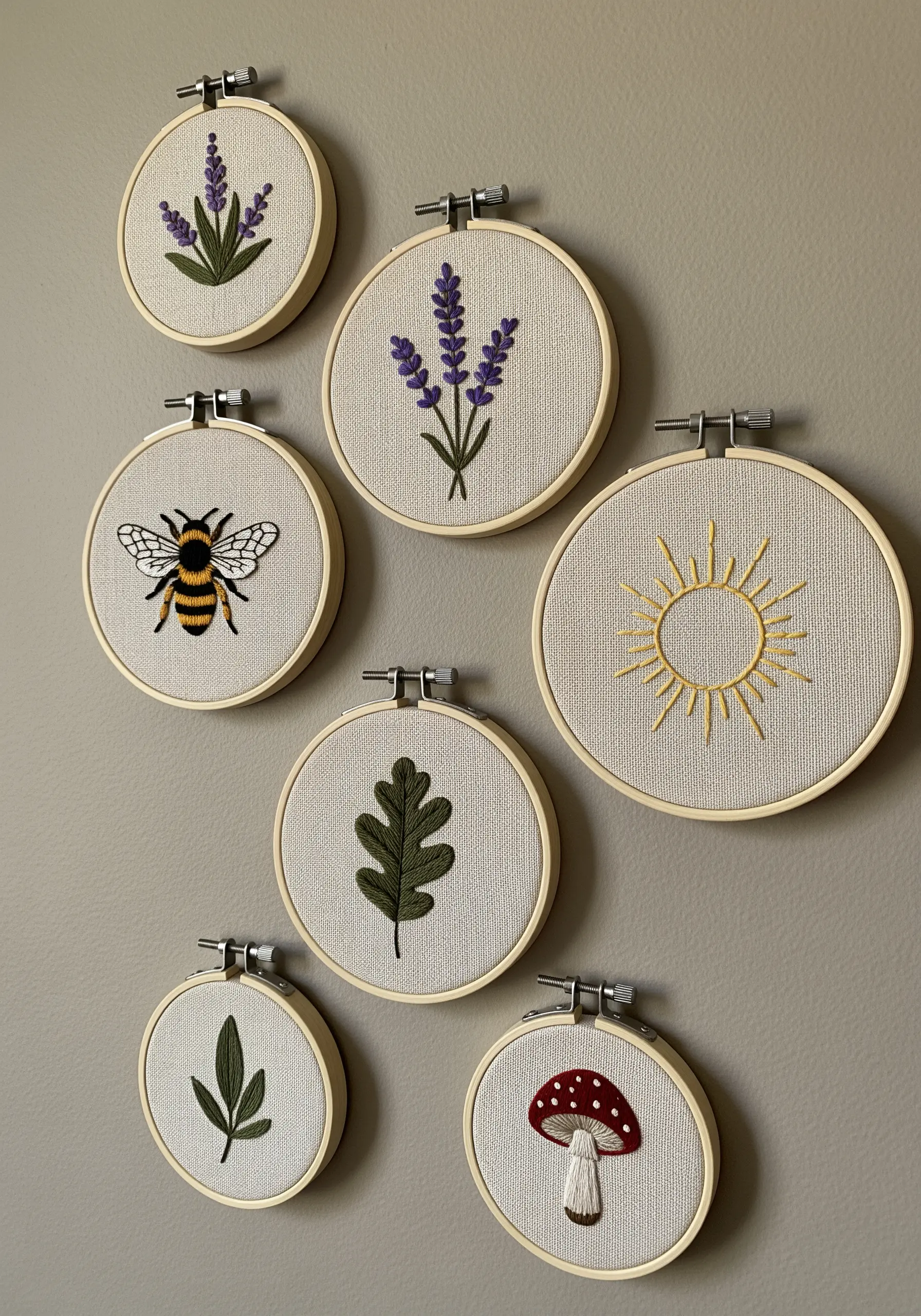 A gallery wall of seven small embroidery hoops with simple nature motifs like lavender and a bee.
