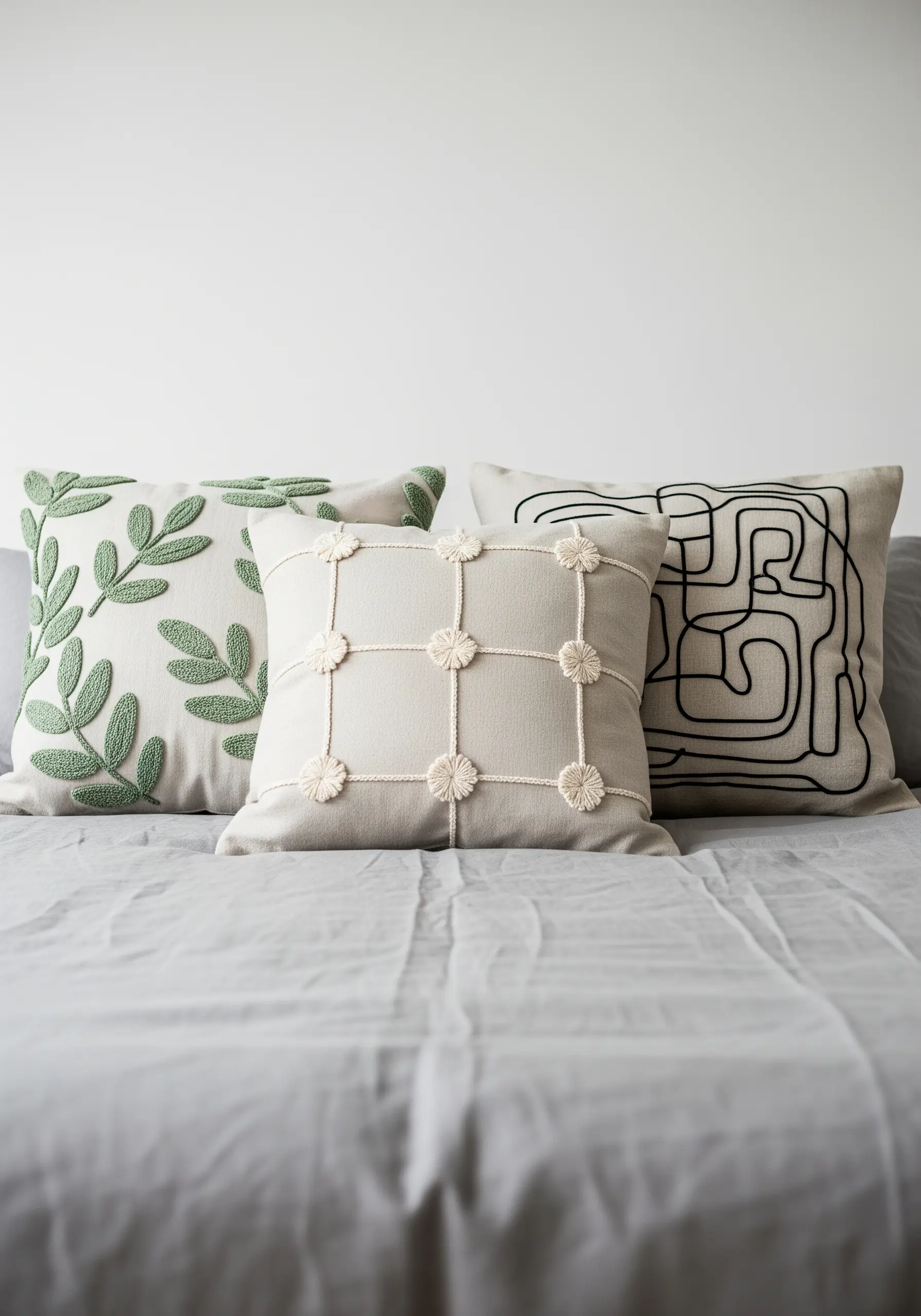 A set of three coordinated cushions with different embroidery textures in green, cream, and black.