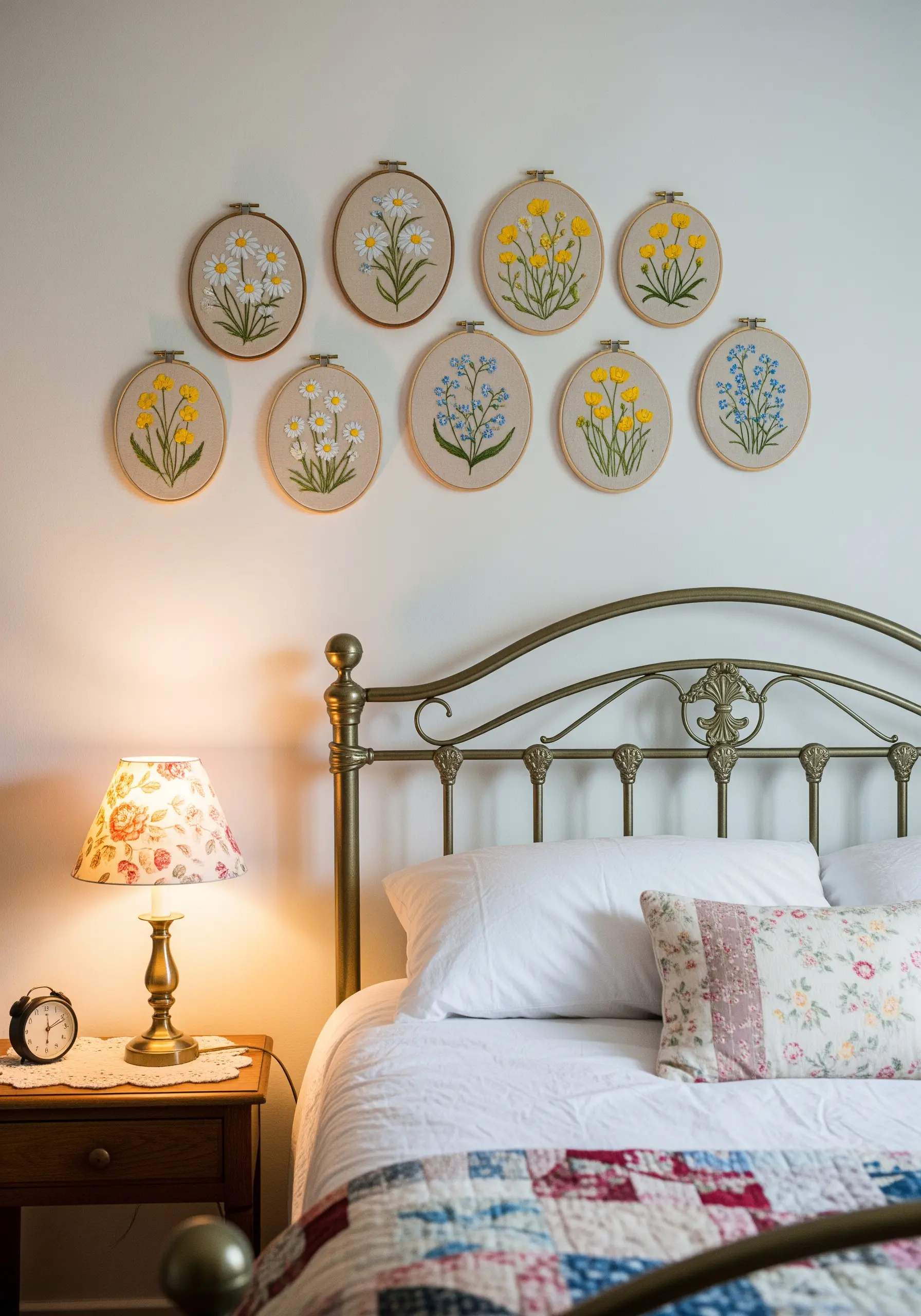 A gallery wall of nine small embroidery hoops with various wildflower designs above a vintage-style bed.