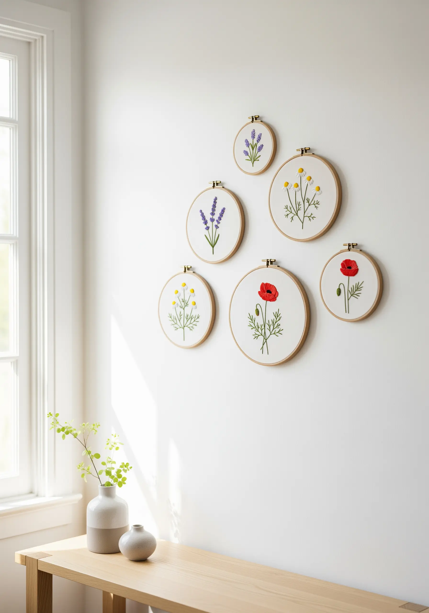 A collection of six small and medium embroidery hoops with simple wildflowers.