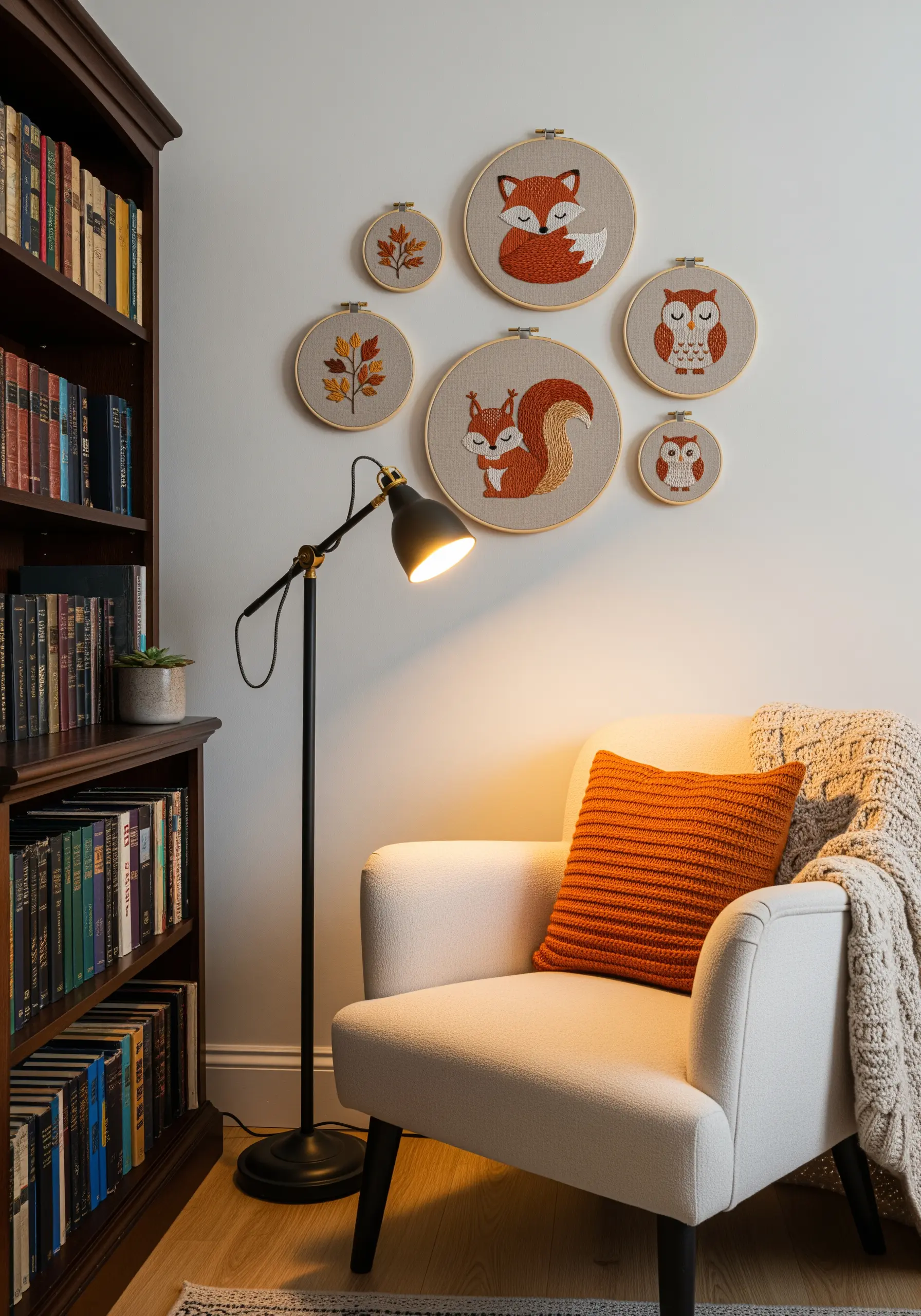 A gallery wall of embroidered woodland creatures including a fox, squirrel, and owls.