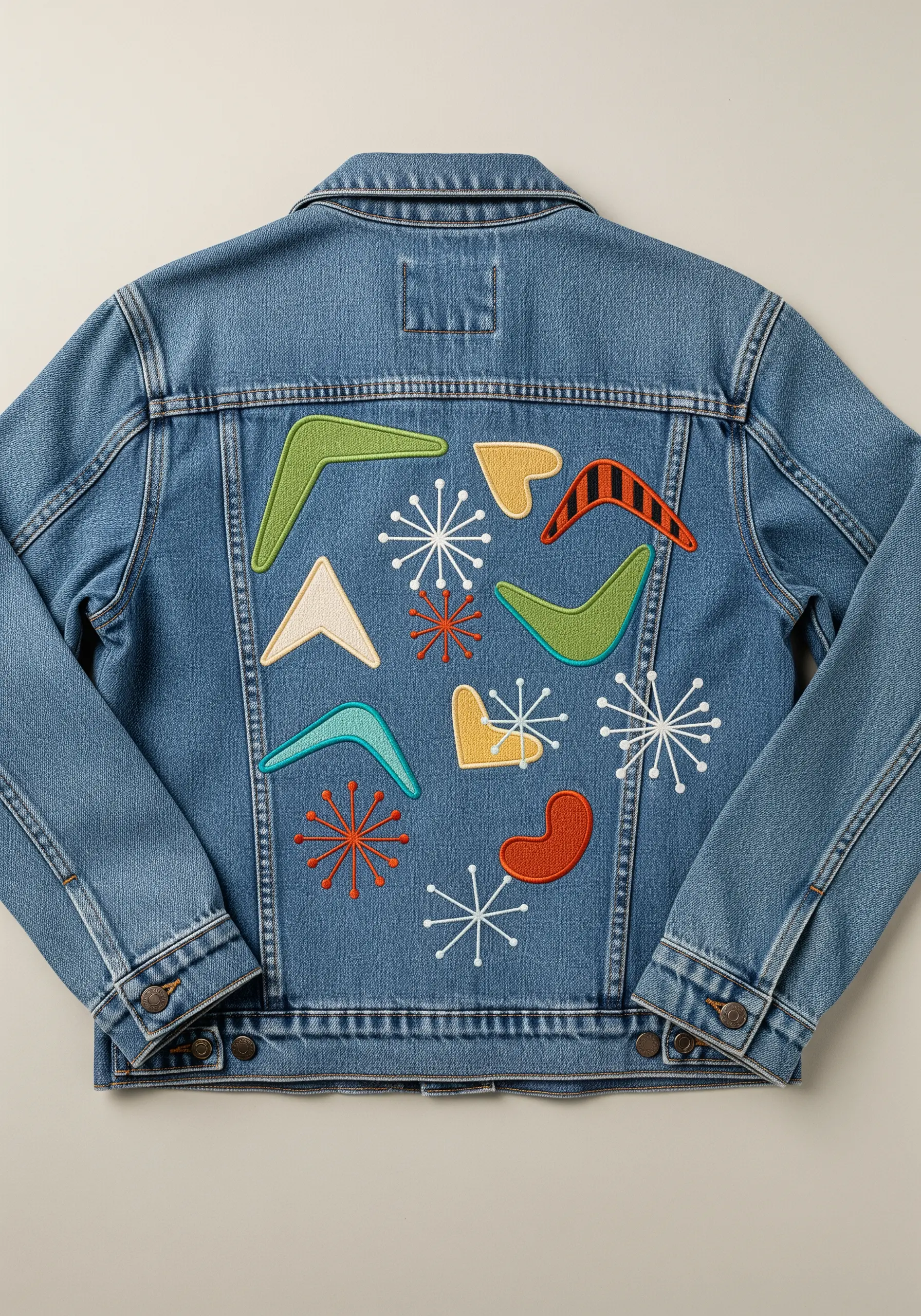 A scatter pattern of mid-century modern appliqué shapes and embroidered starbursts.