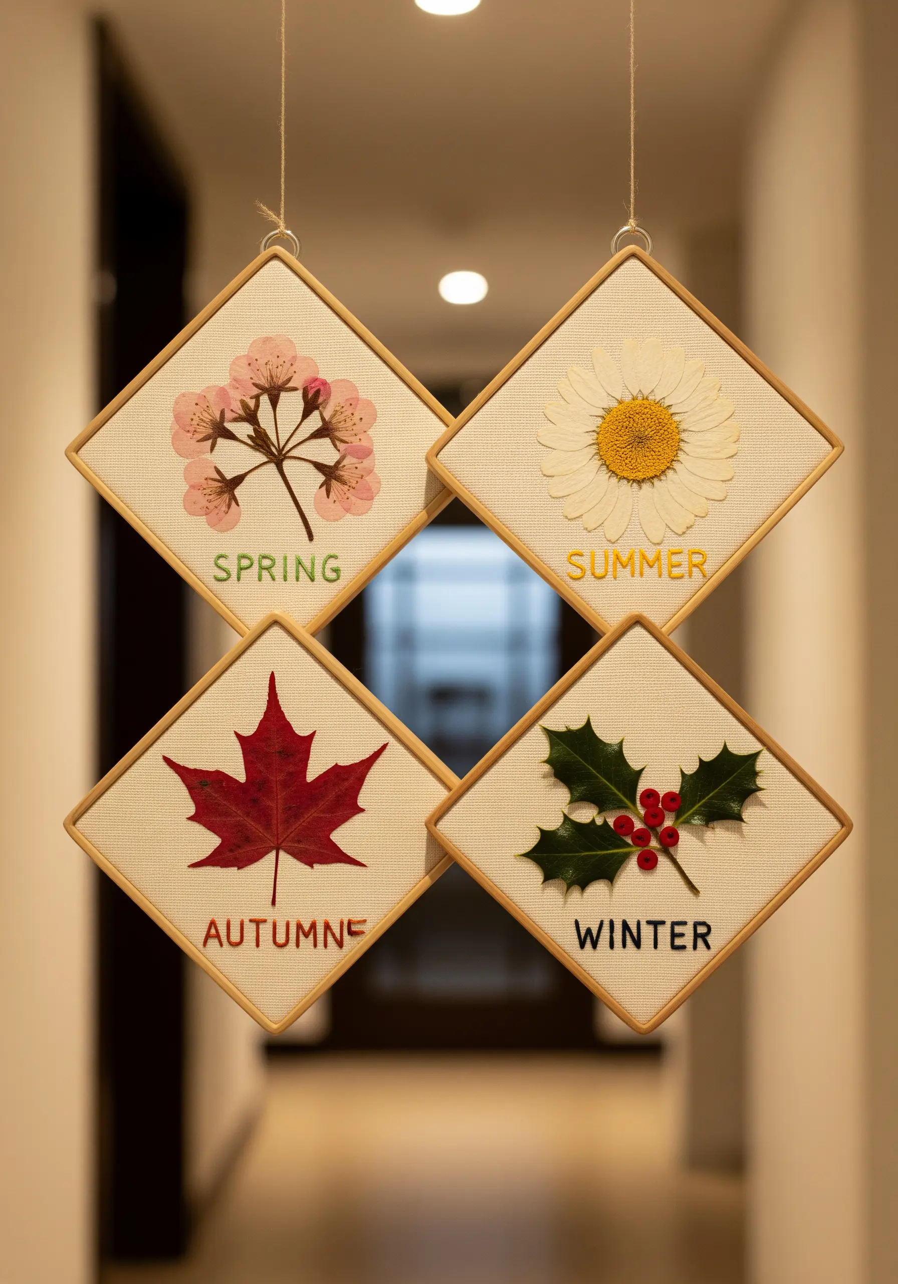 Four small framed art pieces, each with a pressed botanical representing a season and a stitched label.