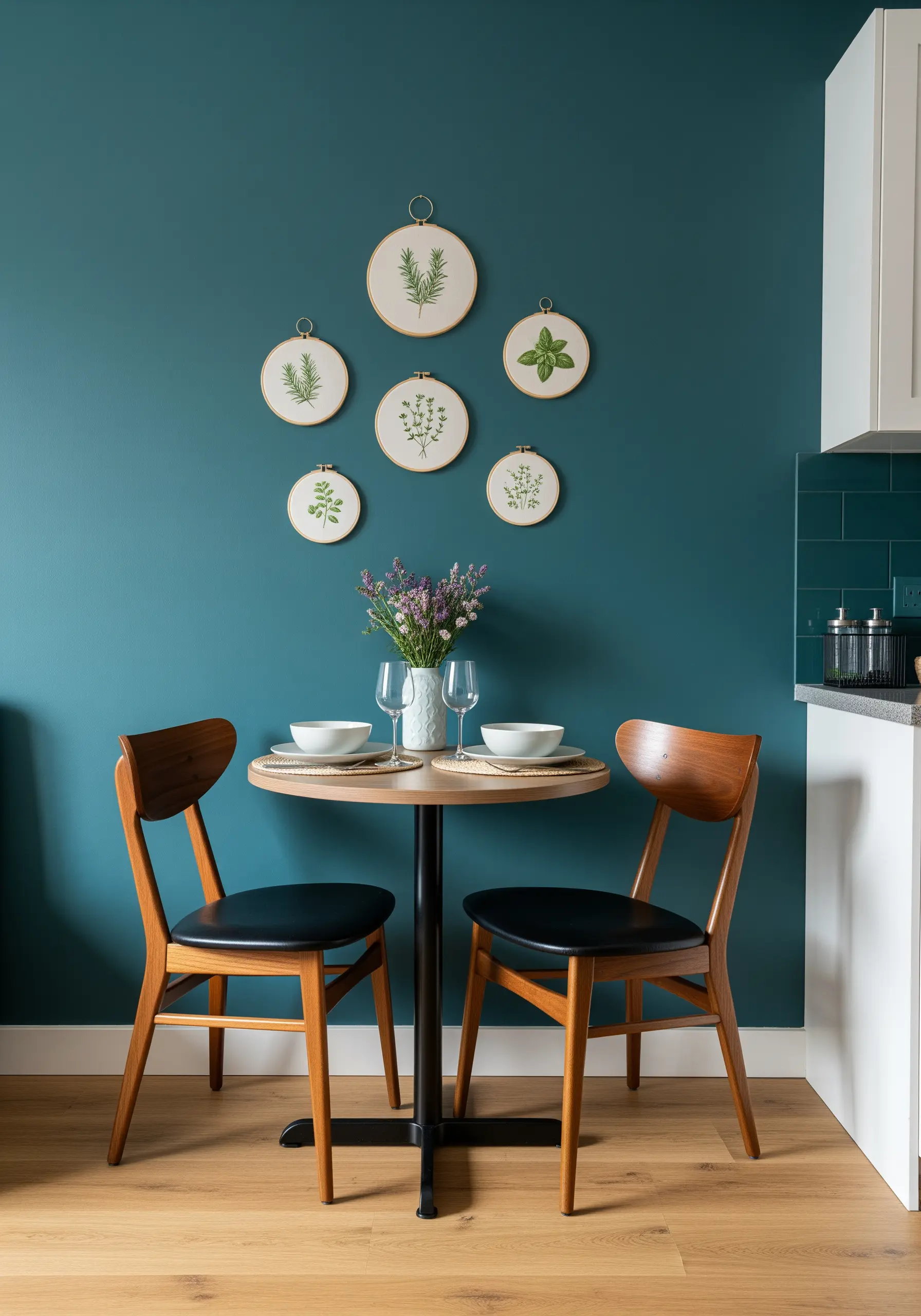 A gallery wall of six small embroidery hoops featuring different herbs.