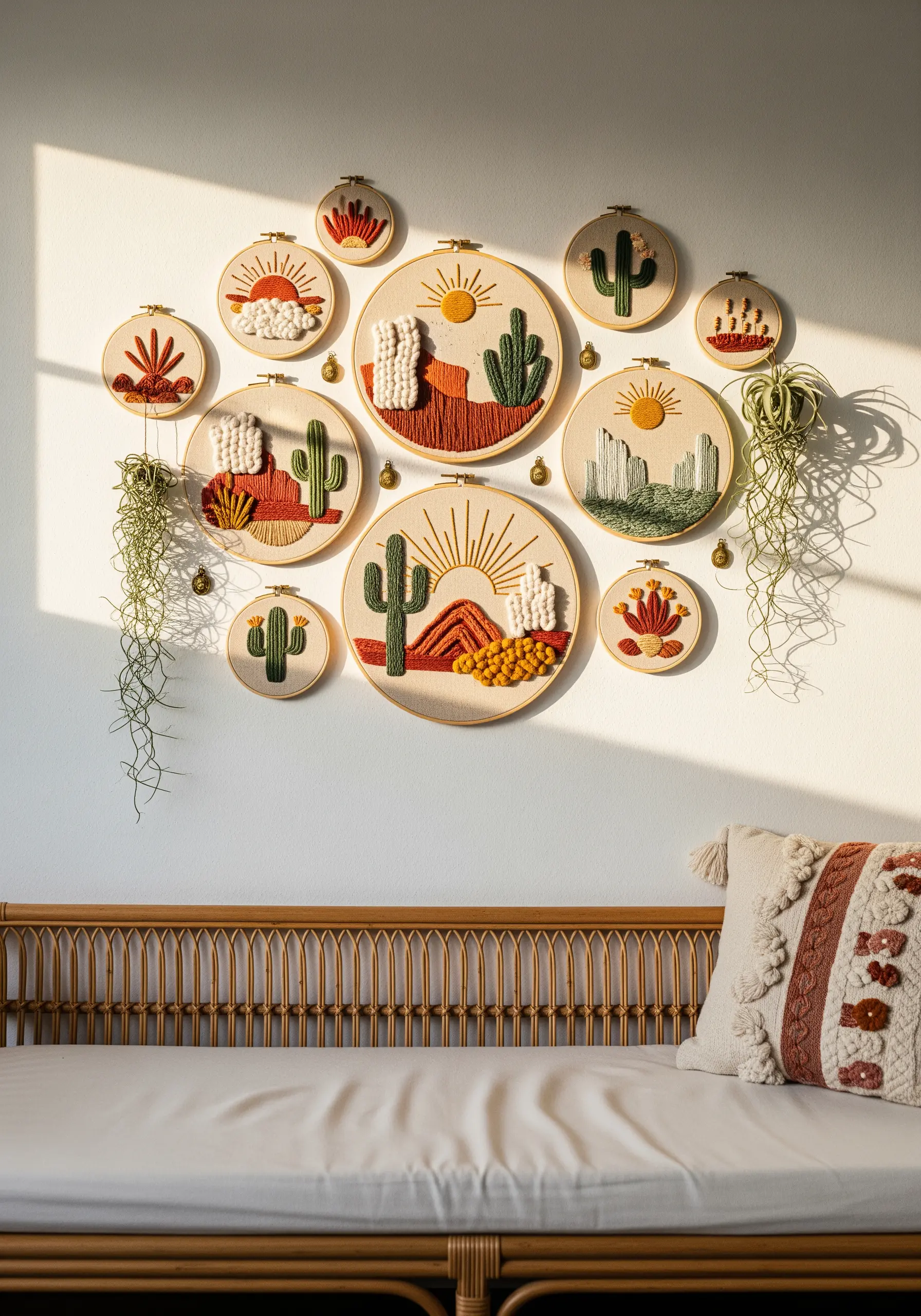 A gallery wall of desert-themed embroidery hoops with cacti, suns, and abstract shapes.