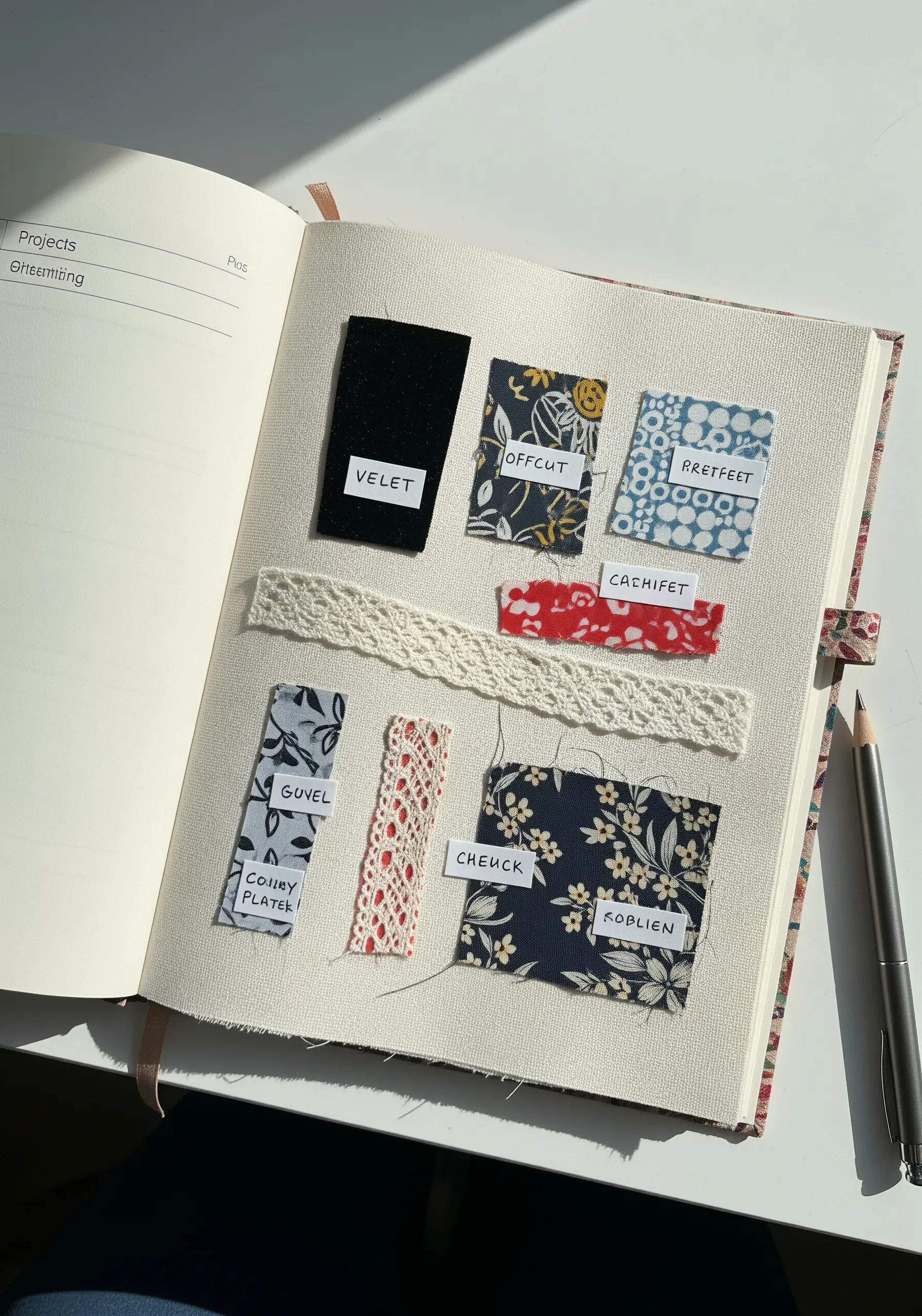 An open notebook with labeled fabric and lace scraps attached to the pages.