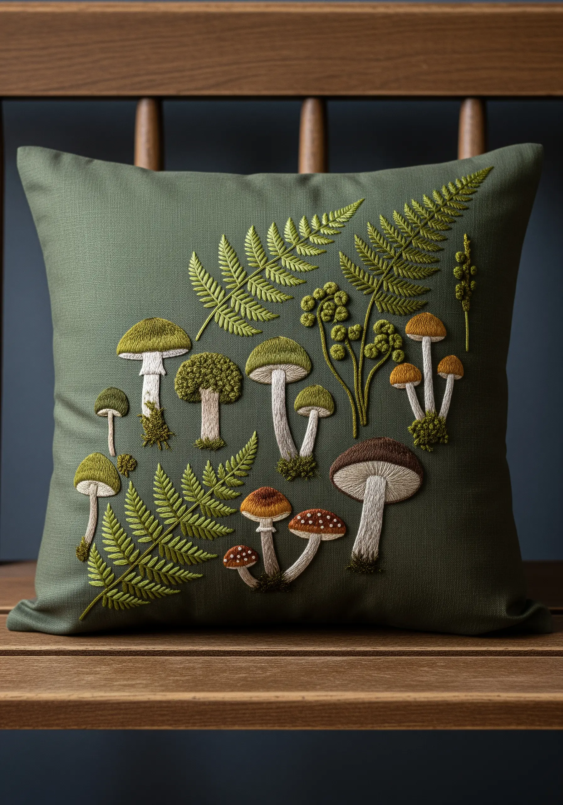 A collection of different mushrooms and fern leaves embroidered on a sage green cushion.