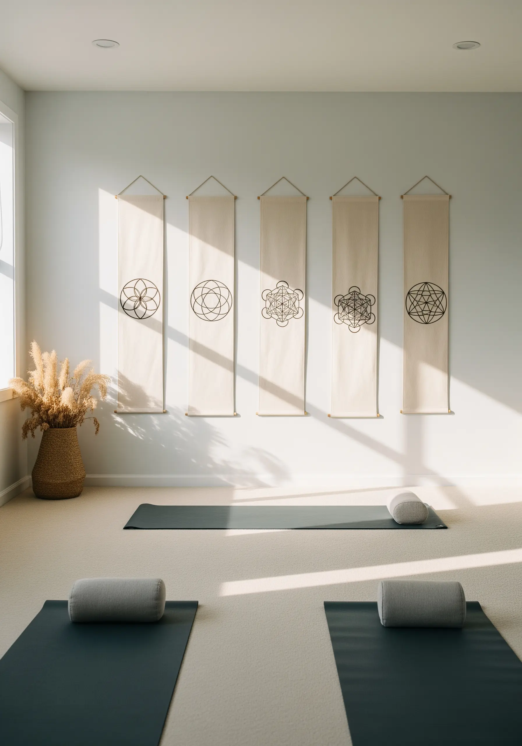 A series of five linen wall banners, each embroidered with a black geometric symbol.
