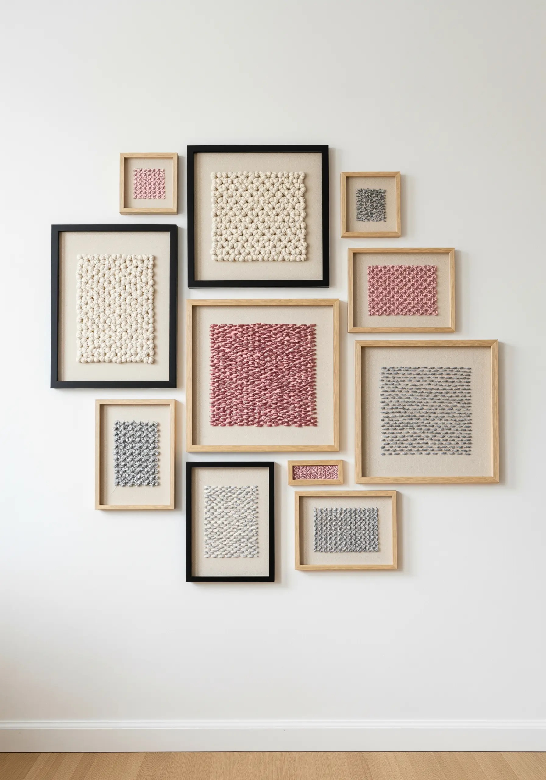 Gallery wall of framed embroidery pieces featuring dense textural stitches like French knots.