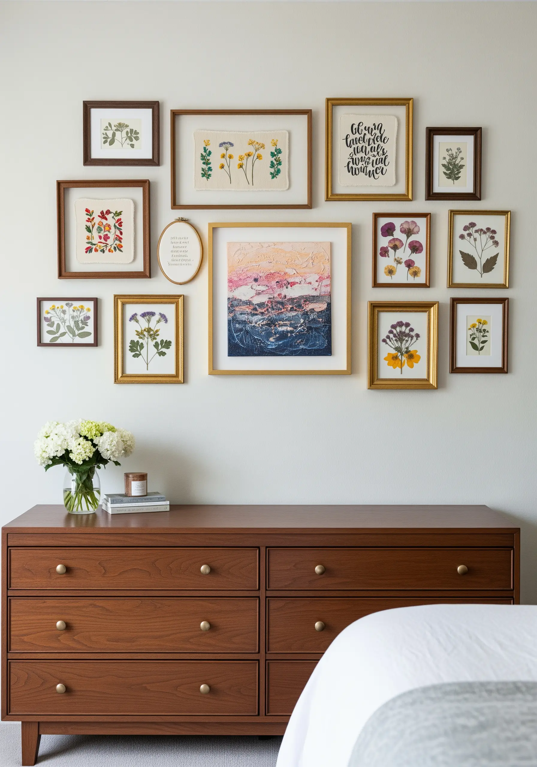 A gallery wall above a dresser featuring a mix of framed embroidery, pressed flowers, and art prints.