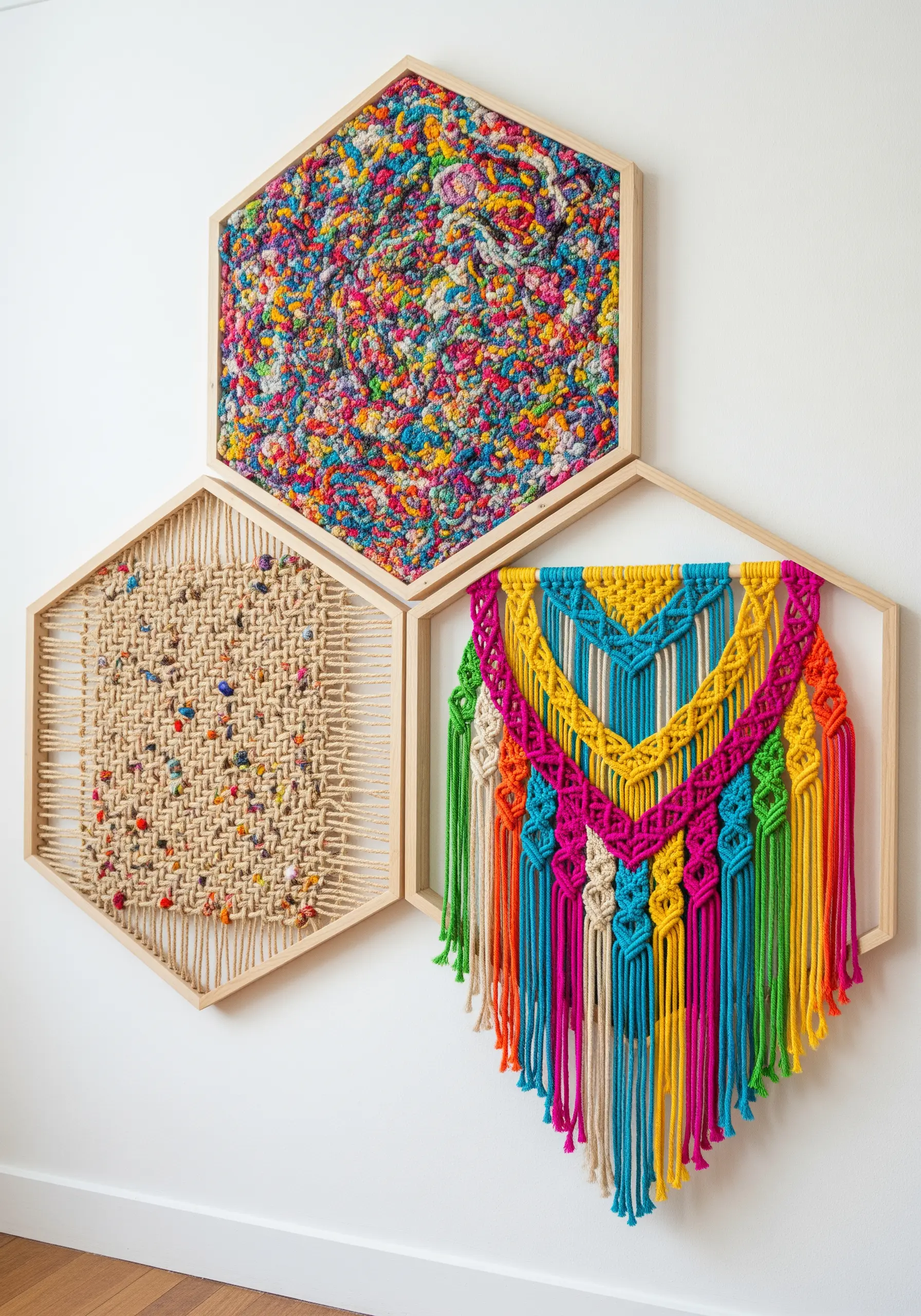 A gallery wall with three hexagonal frames displaying different colorful fiber art techniques.