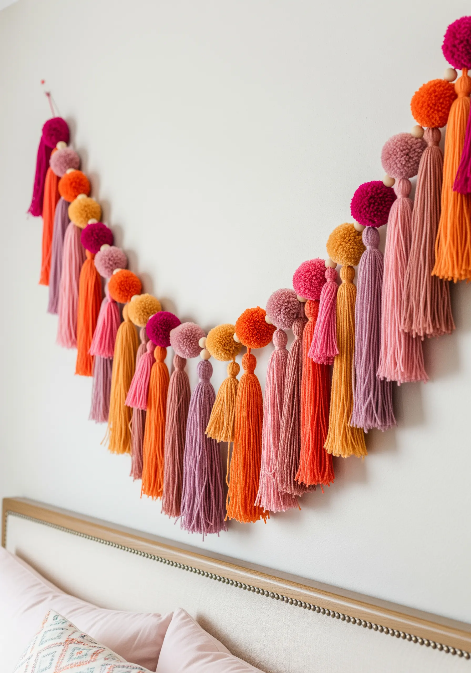 A vibrant tassel and pompom garland in shades of pink, orange, and fuchsia.