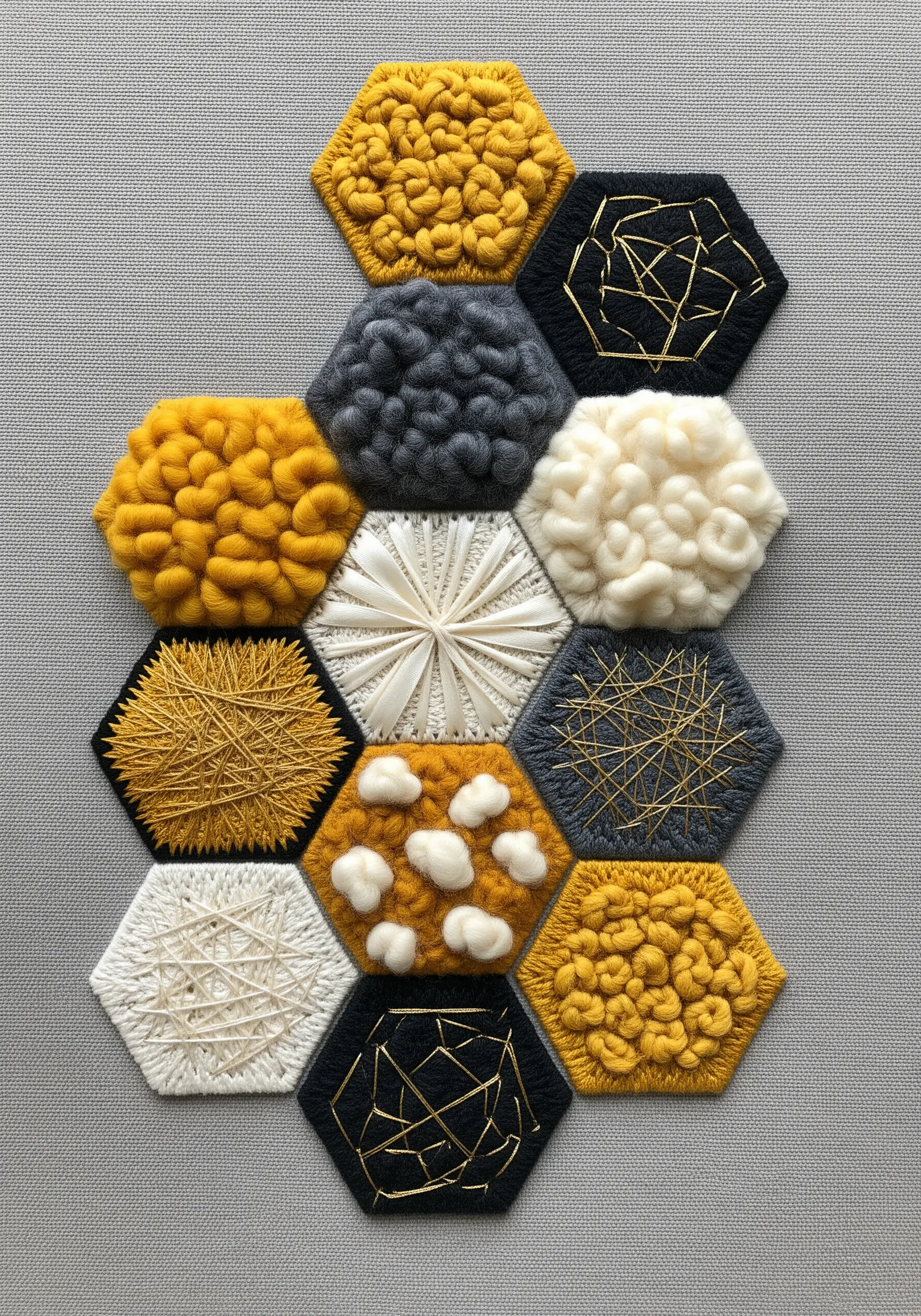 Honeycomb pattern embroidery with each hexagon filled with a different texture.