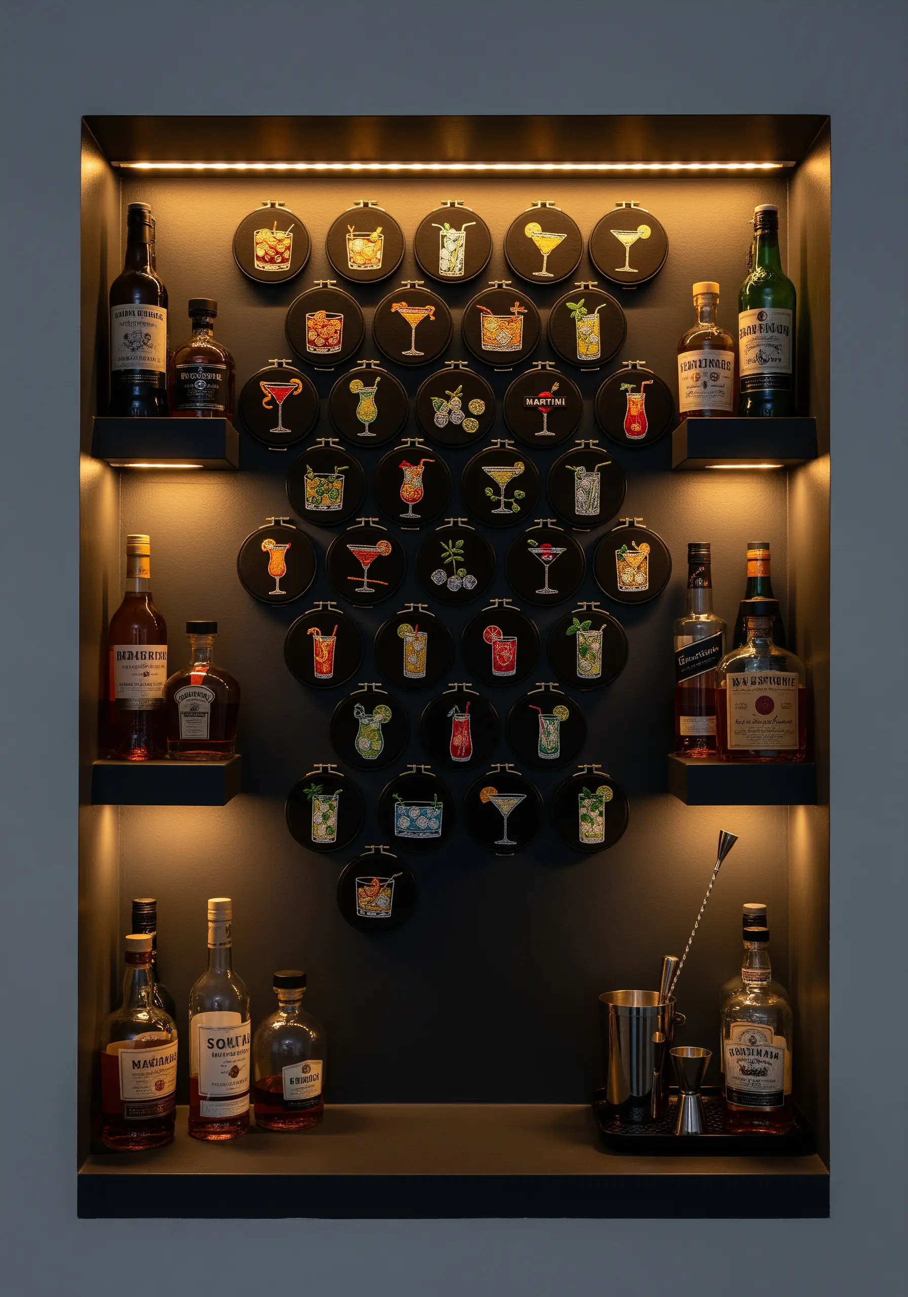 A collection of brightly embroidered cocktails on black fabric, displayed inside an illuminated bar cabinet.