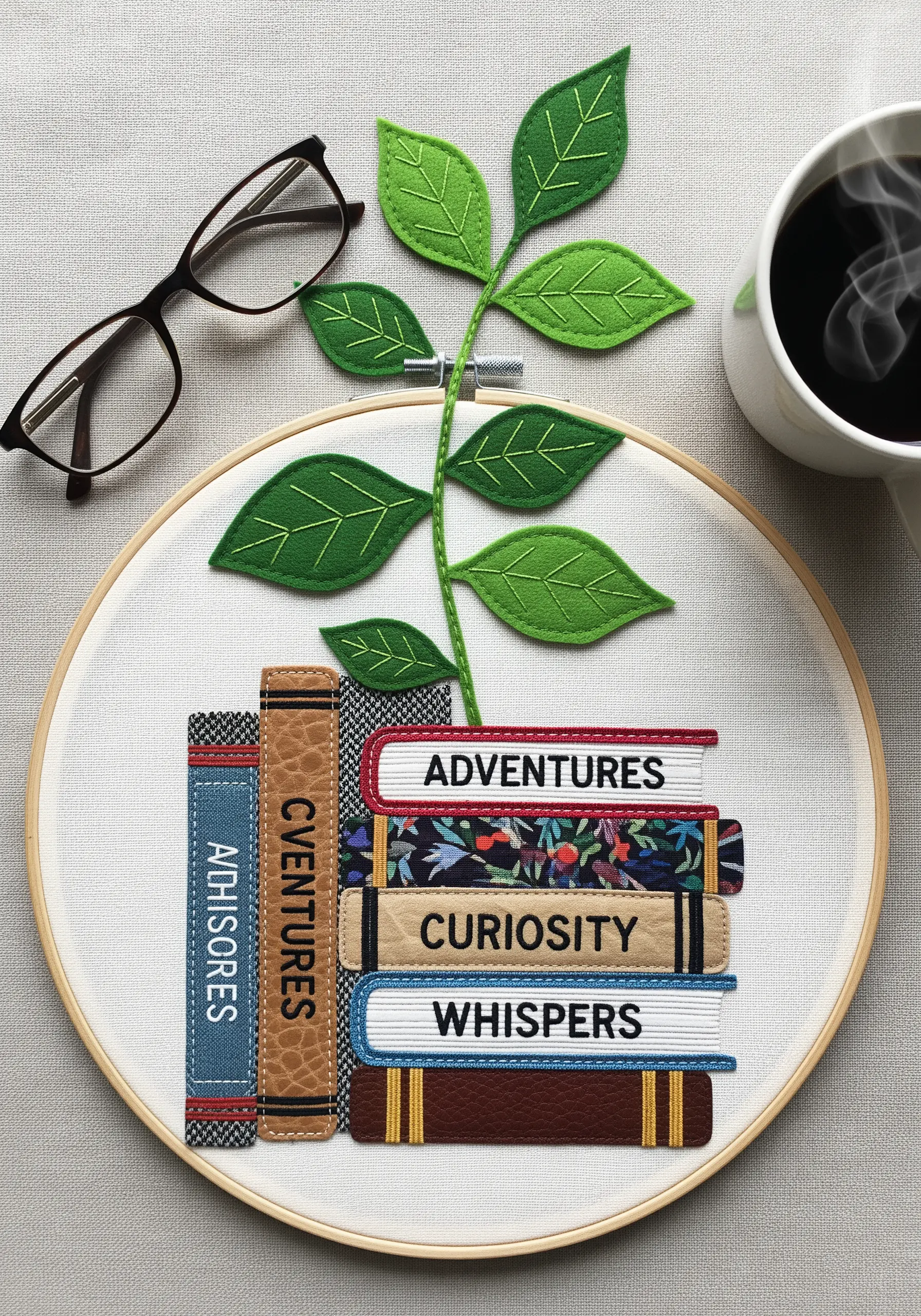 Fabric collage of a stack of books with a felt plant growing from them