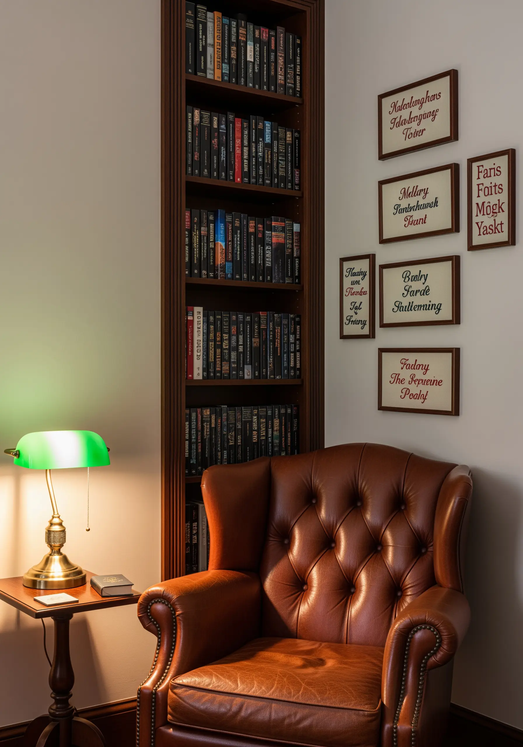 A collection of framed embroidery pieces with cursive text next to a bookshelf.