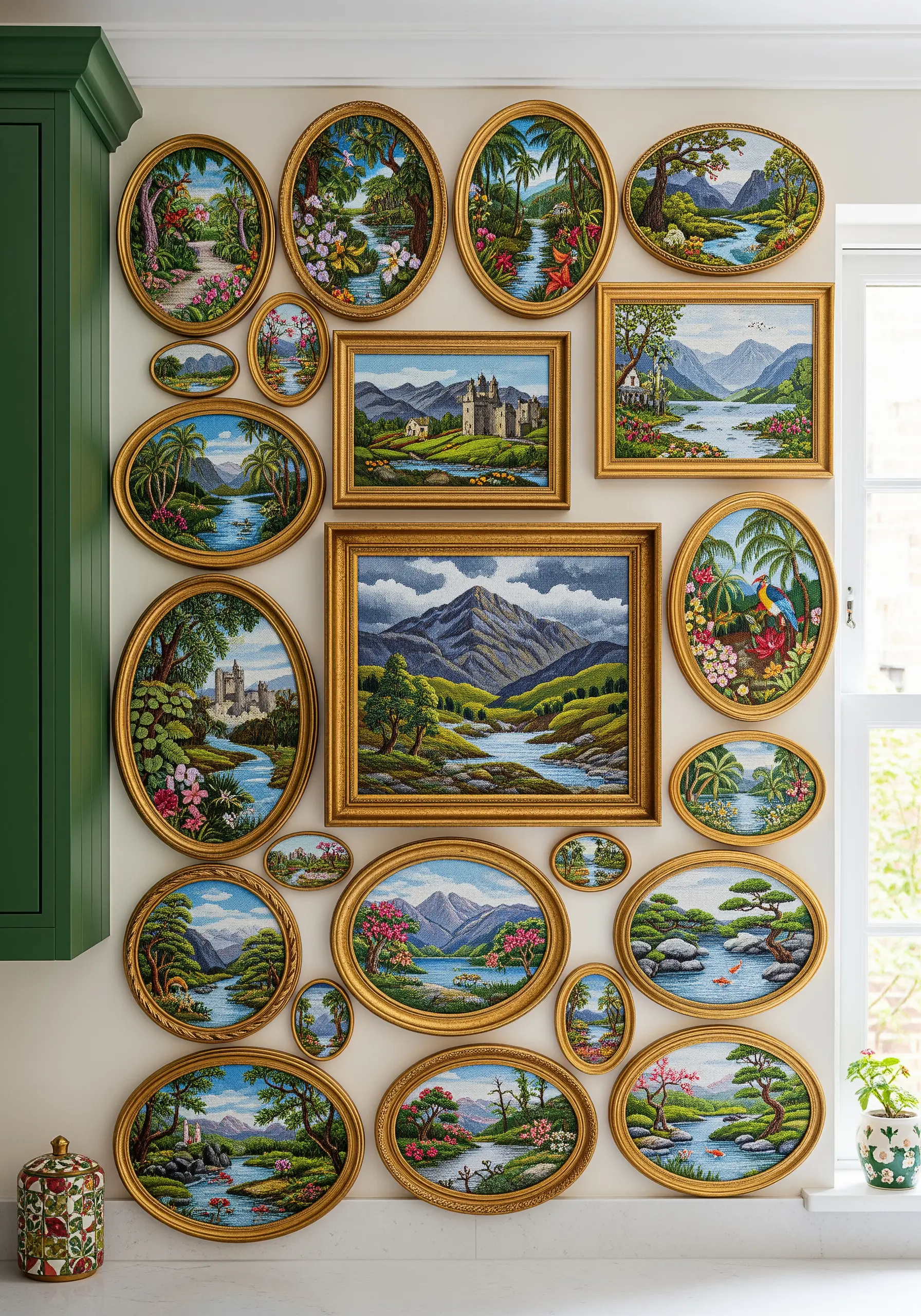 A maximalist gallery wall filled with many embroidered landscapes in ornate gold frames.