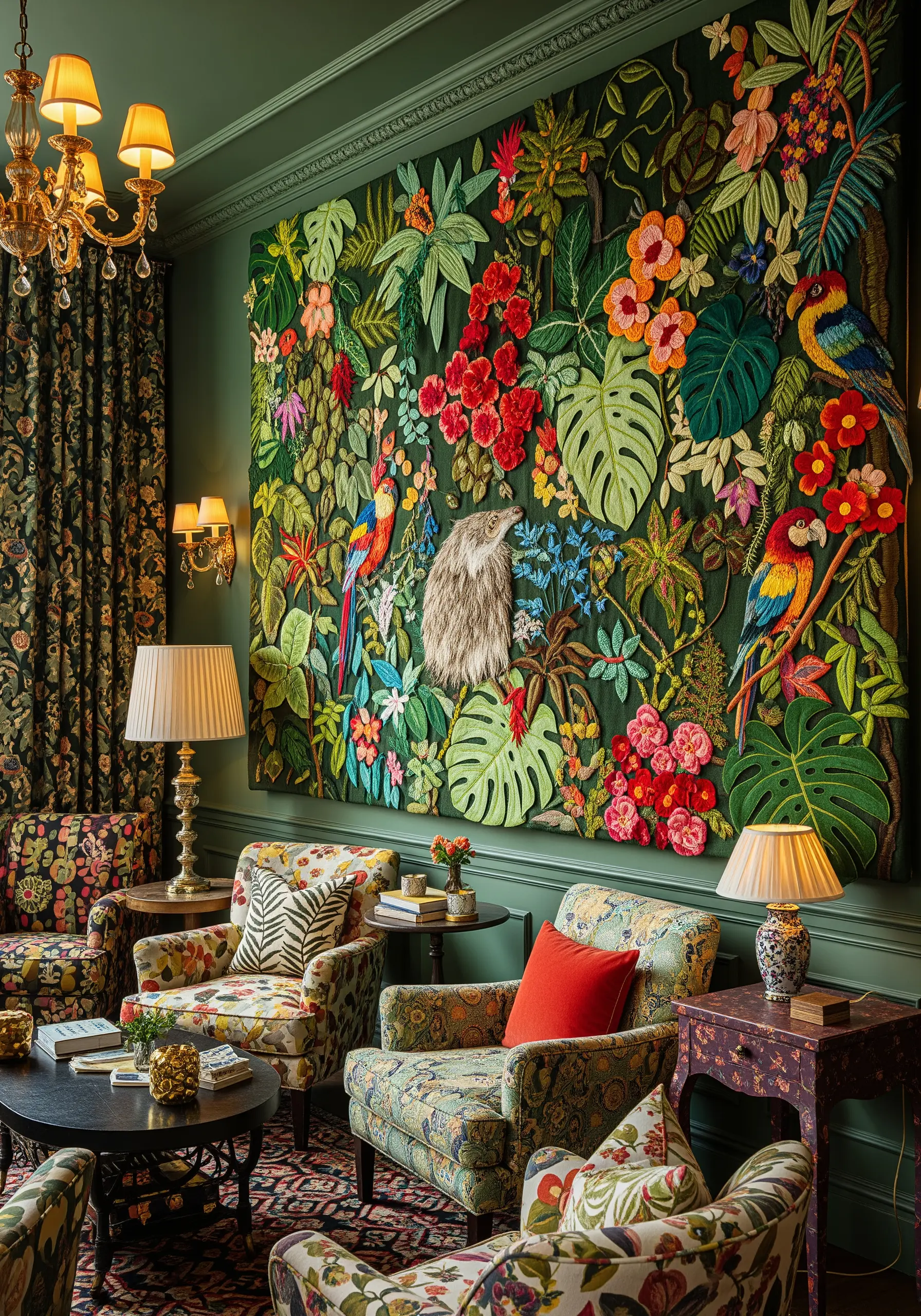Vibrant, maximalist embroidered wall hanging of a dense jungle scene with parrots and flowers.