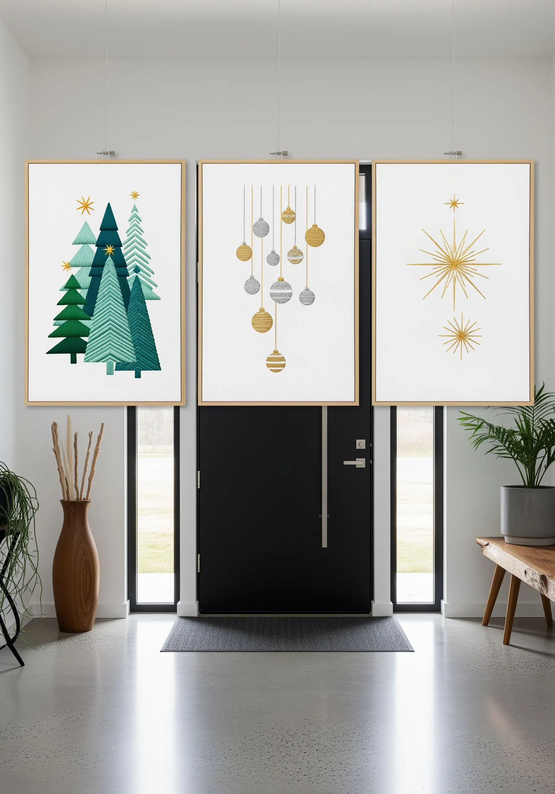 A triptych of framed embroidery featuring minimalist Christmas trees and metallic ornaments.
