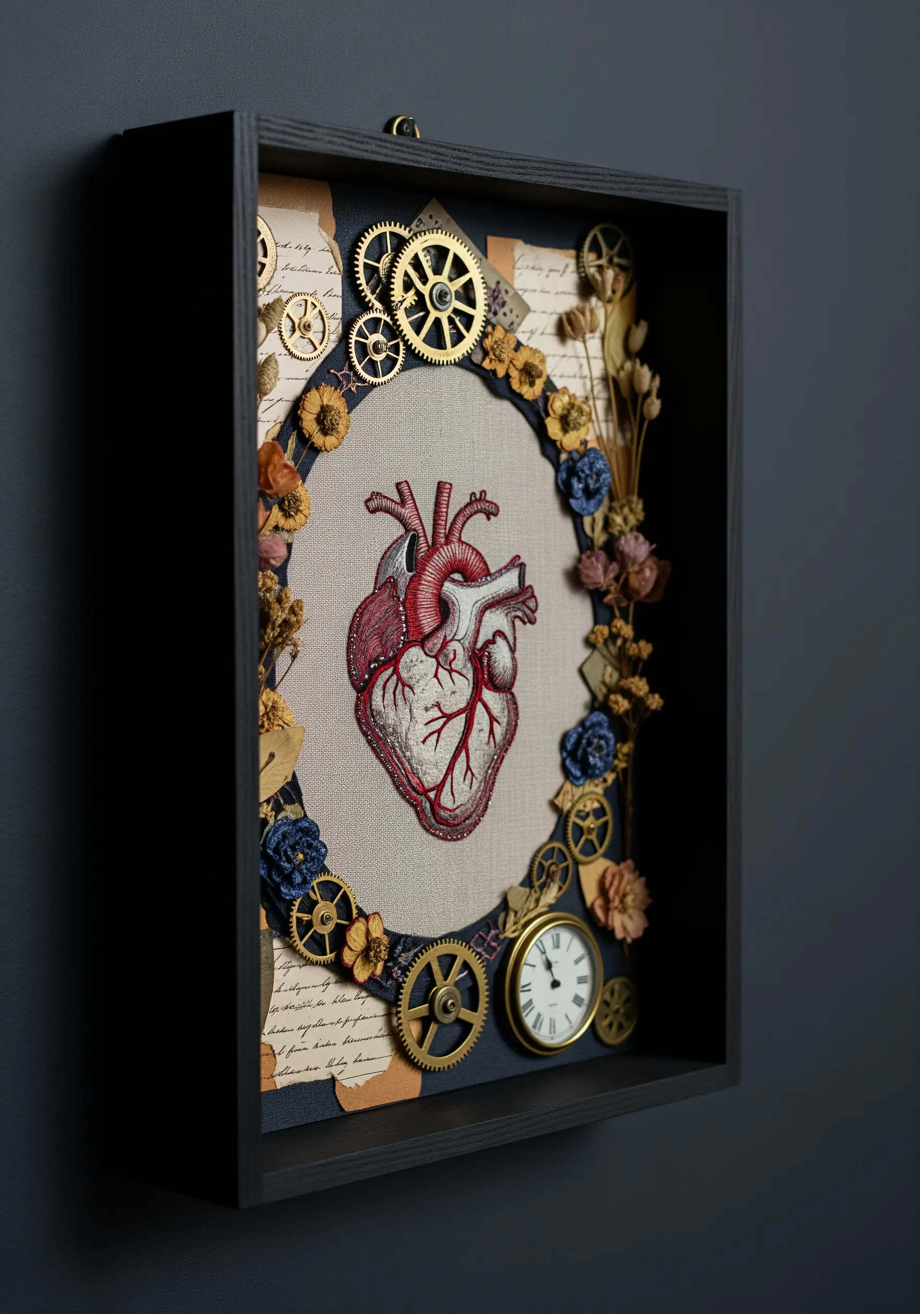 An embroidered anatomical heart in a shadow box with gears and dried flowers.