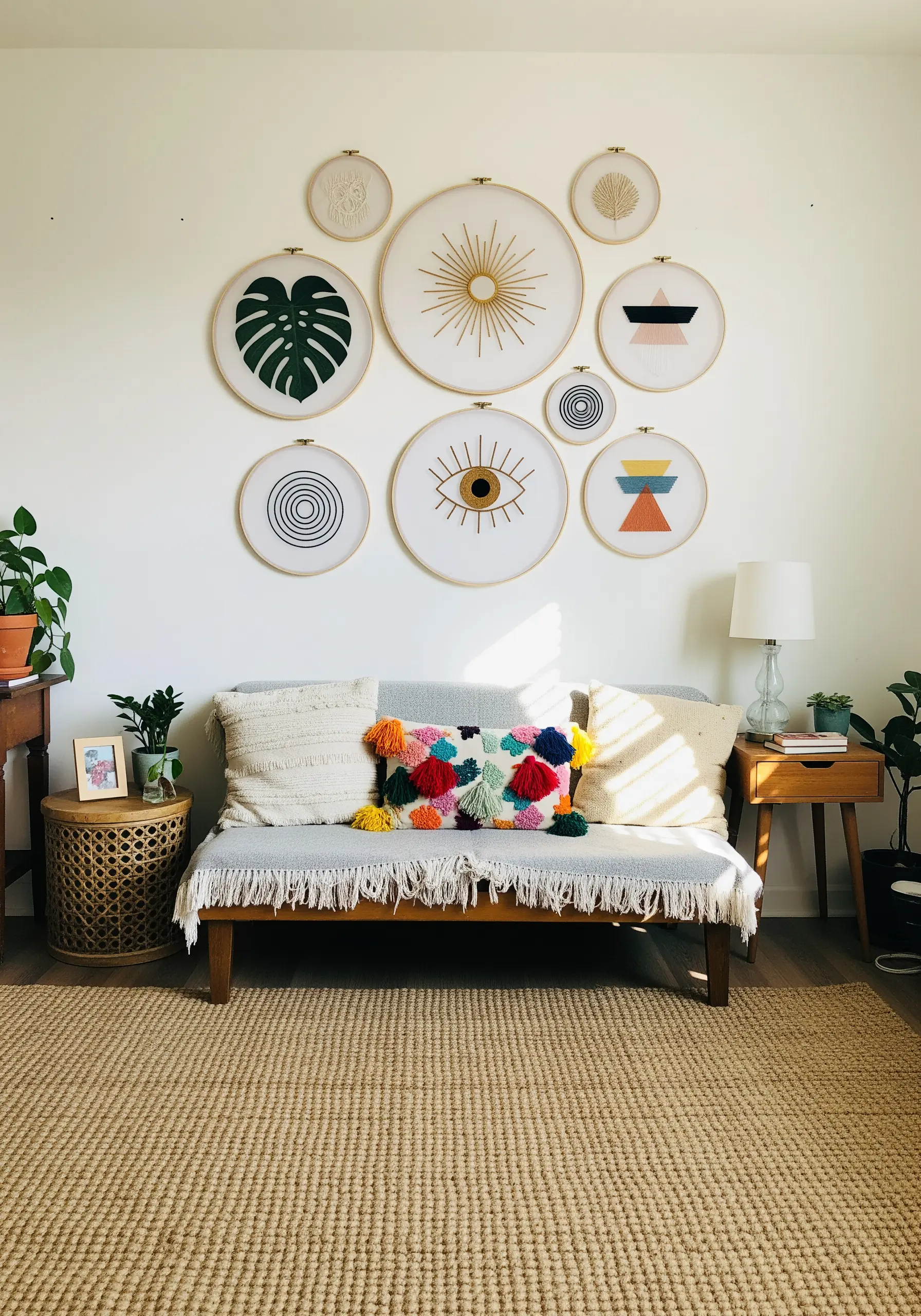 A gallery wall of nine embroidery hoops with minimalist and botanical designs above a sofa.