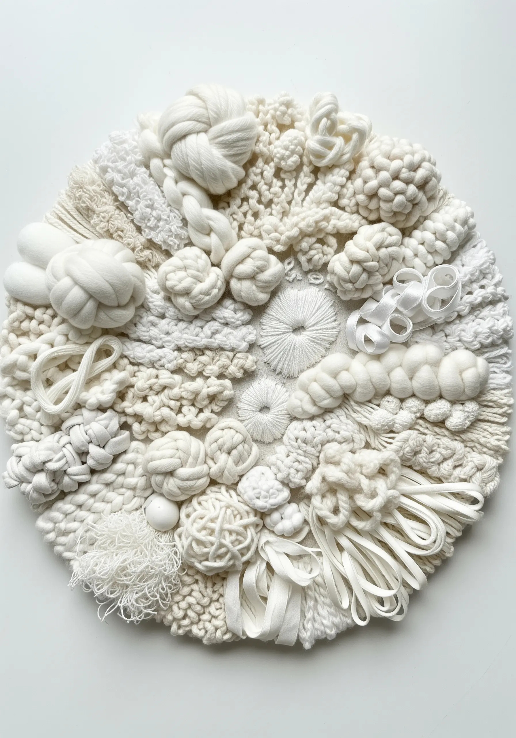 A round, white fiber art piece featuring a dense collage of knots, weaves, and textures.
