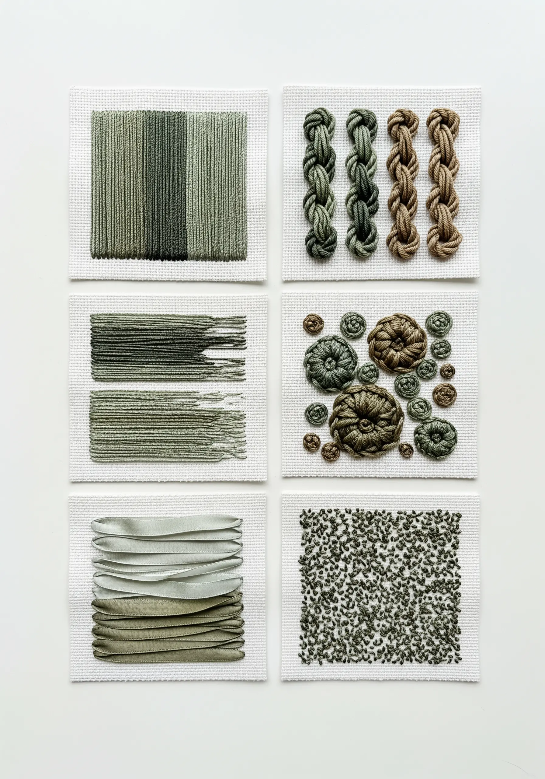 An embroidery sampler with six squares of different textural stitches in green tones.