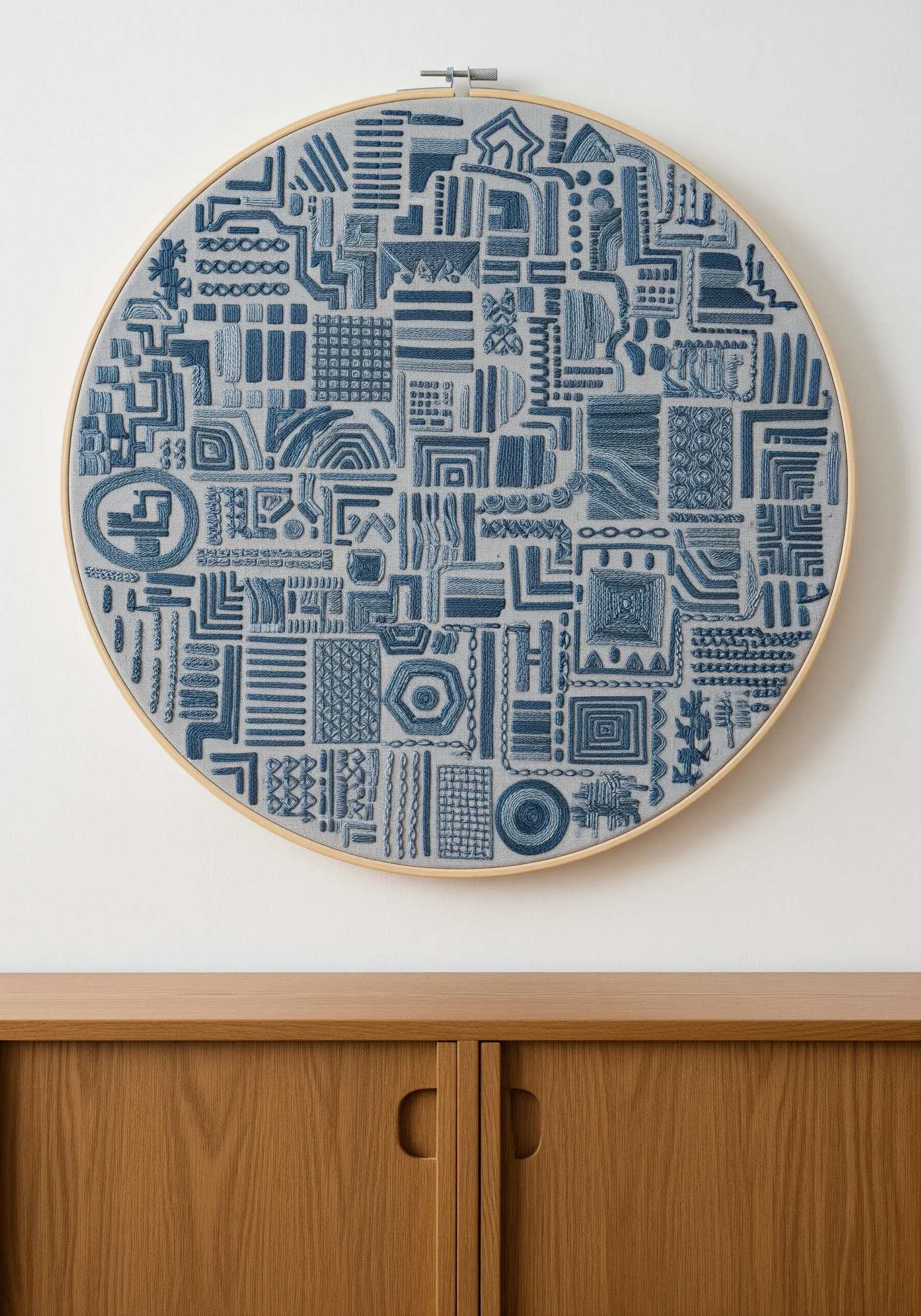 A large embroidery hoop filled with a dense pattern of geometric shapes in shades of blue.