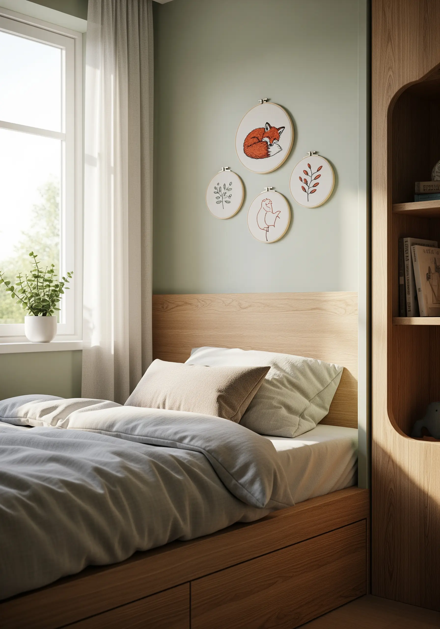 A collection of four embroidery hoops on a sage green wall, featuring a sleeping fox and botanicals.