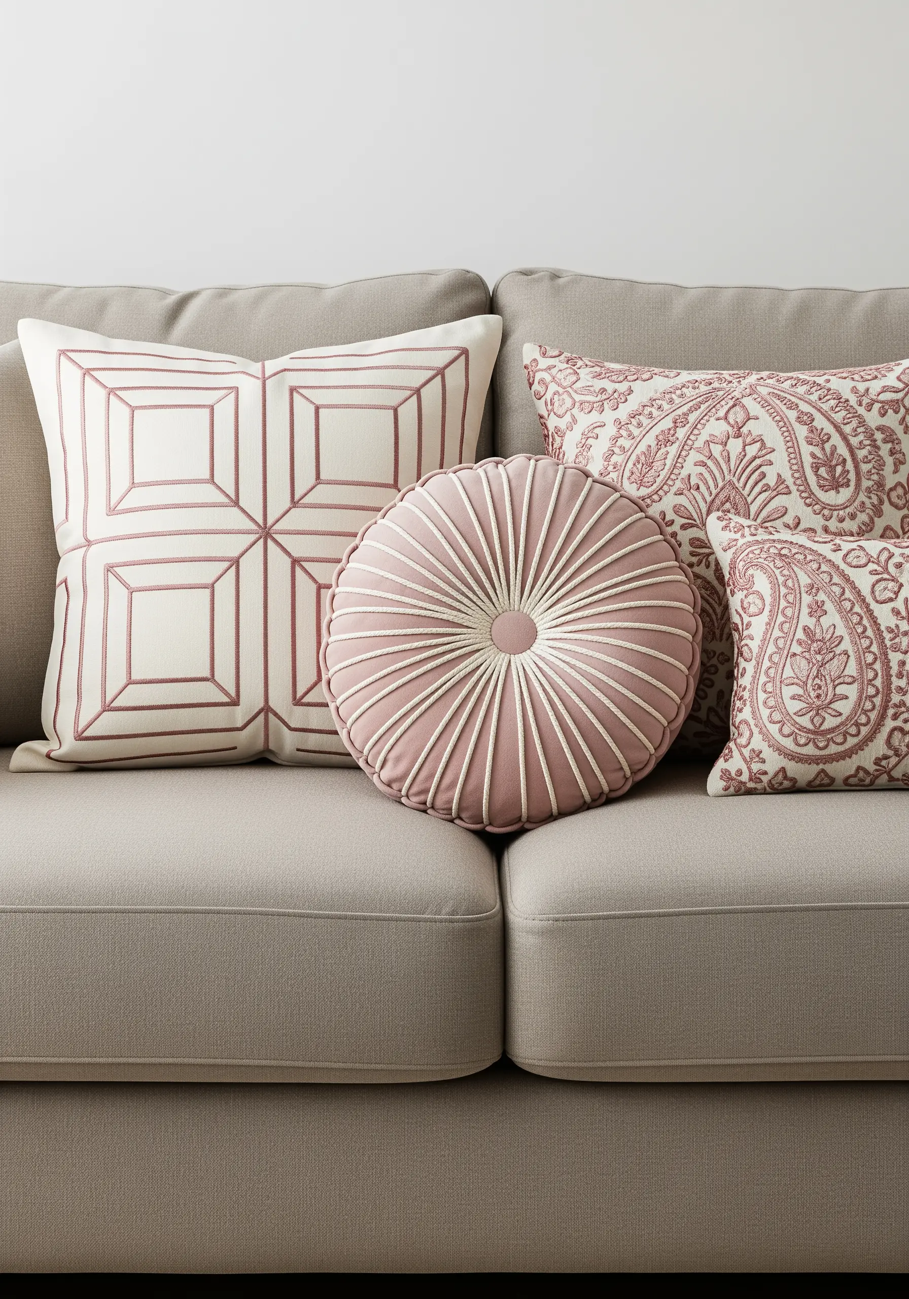 A collection of dusty rose and ivory pillows with geometric and paisley embroidery.