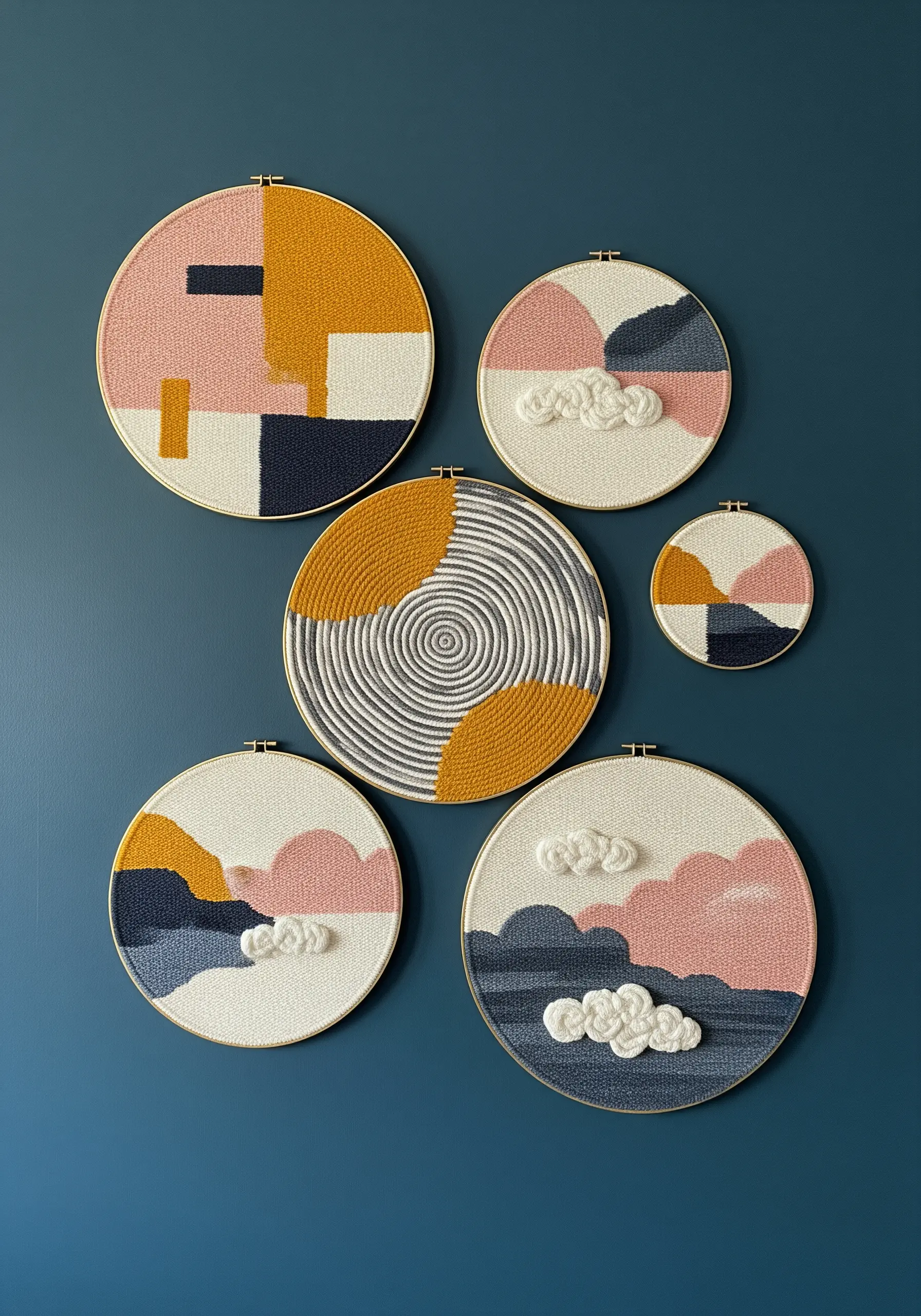 A gallery wall of six punch needle hoops with abstract designs in mustard, pink, and navy blue.