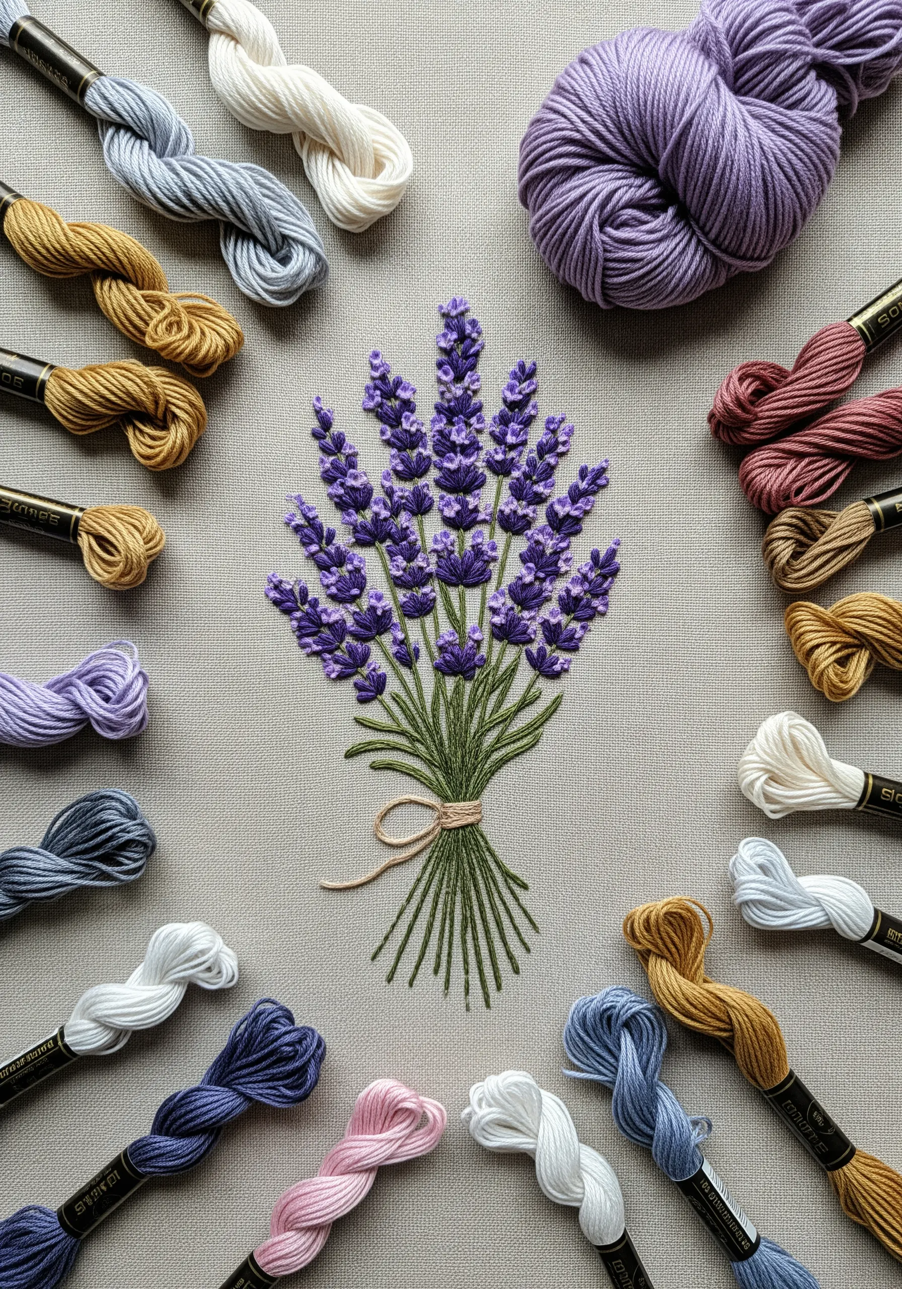 A lavender bouquet embroidery surrounded by skeins of thread in an unconventional color palette.