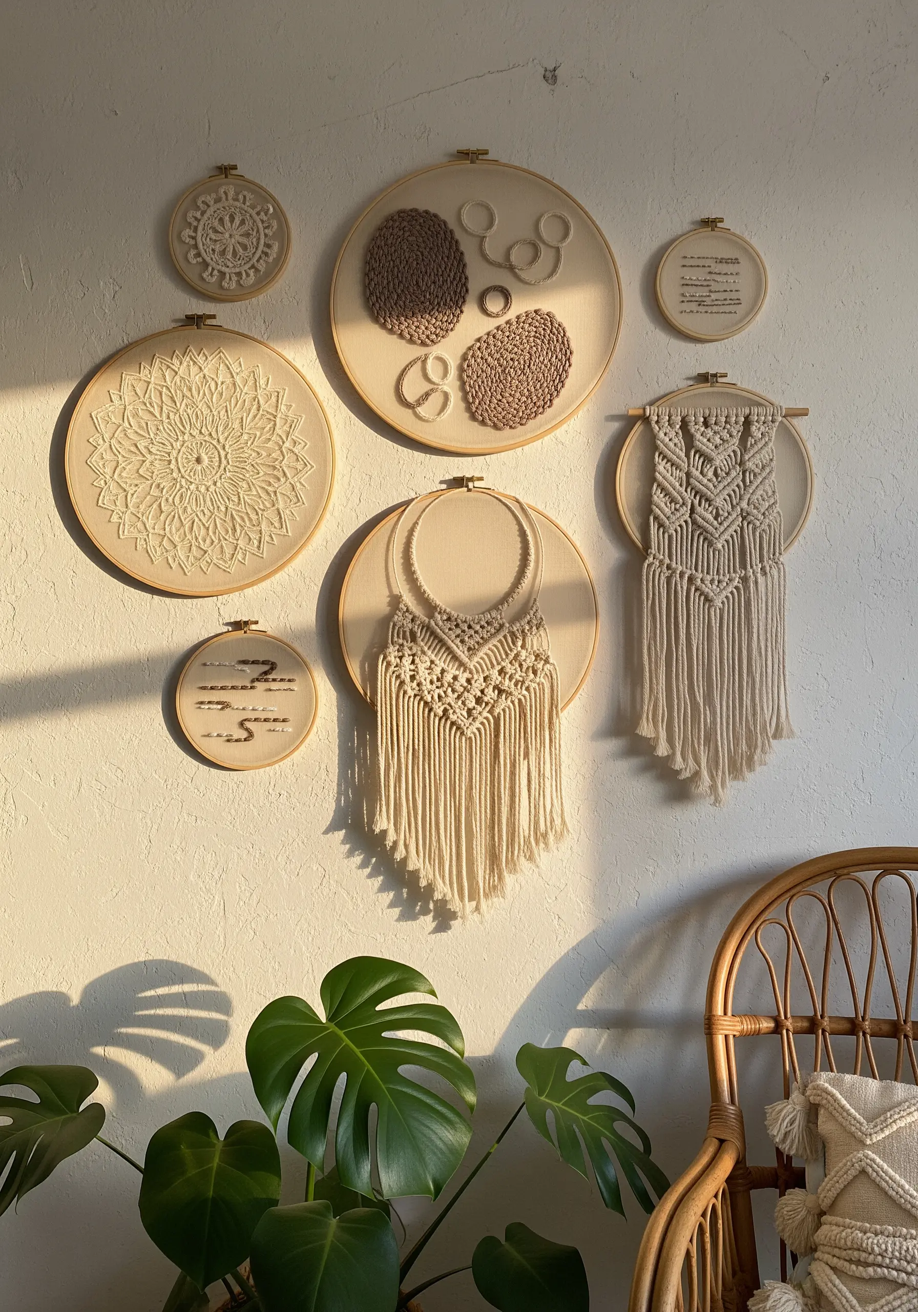 A gallery wall of embroidery hoops with mixed textures like macrame and weaving.