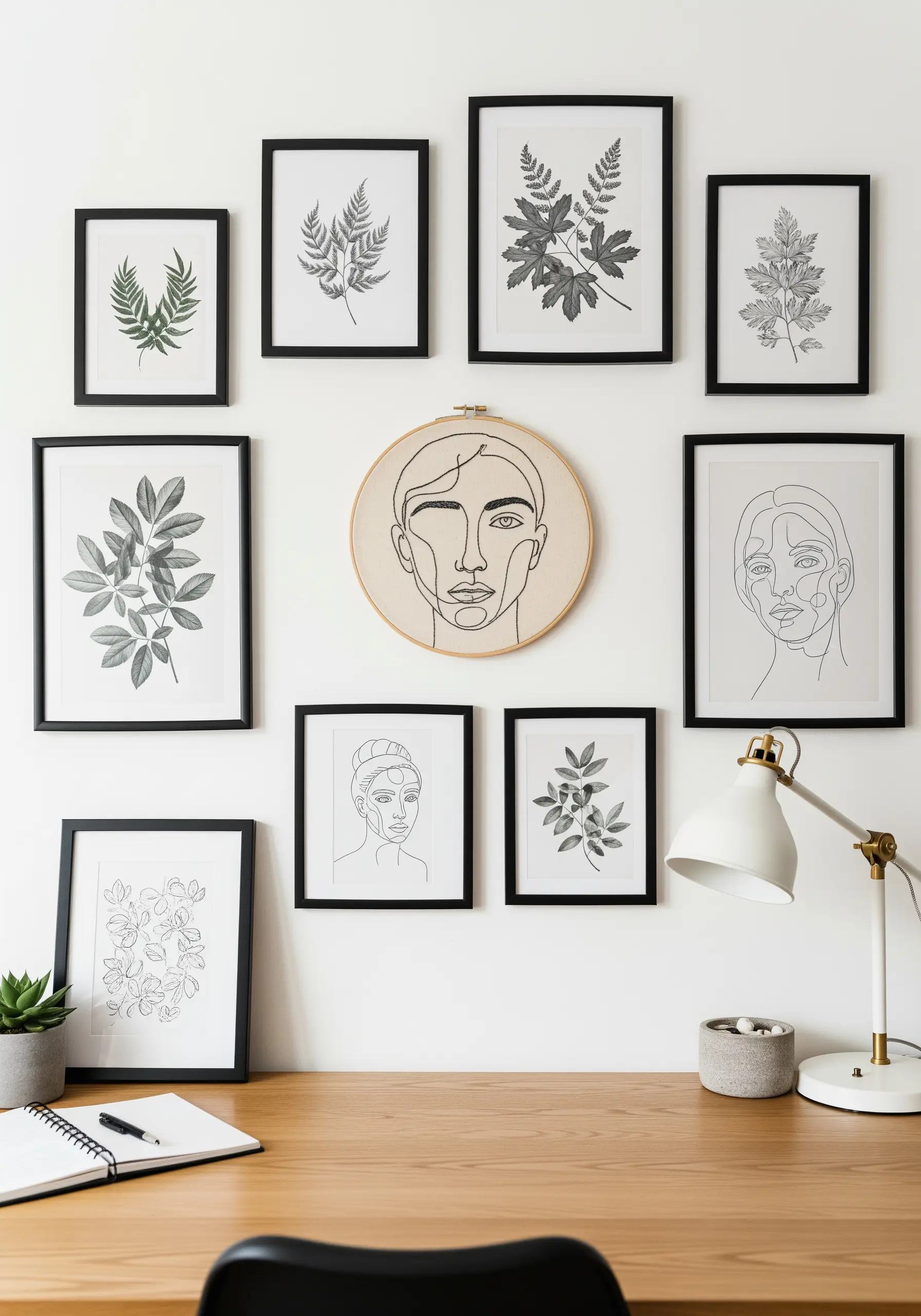 An embroidery hoop with a line art face at the center of a gallery wall of prints.