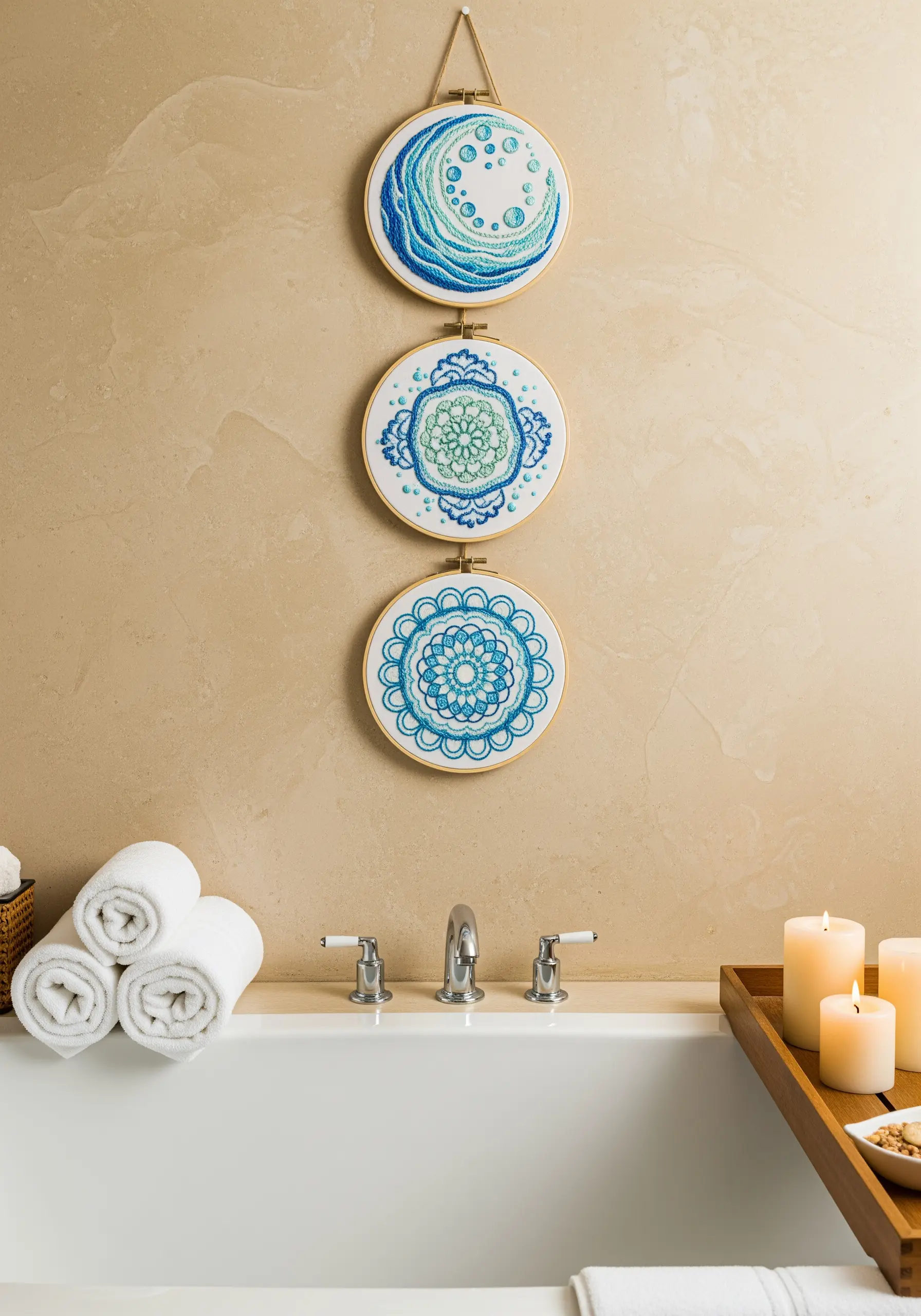 A trio of embroidered hoops with water-themed mandalas in shades of blue and green.