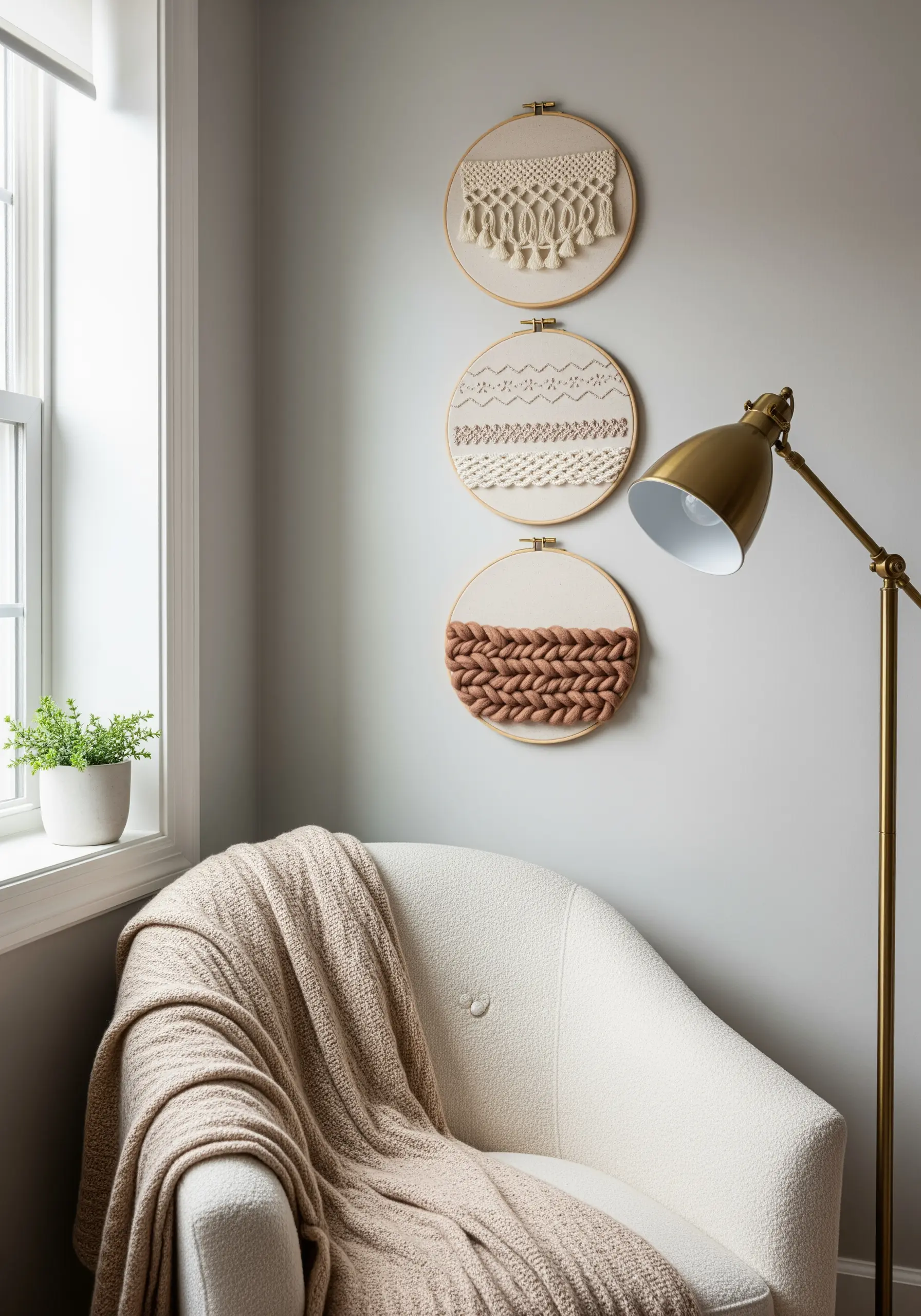 Three embroidery hoops with macrame, woven stitches, and chunky yarn in neutral tones.