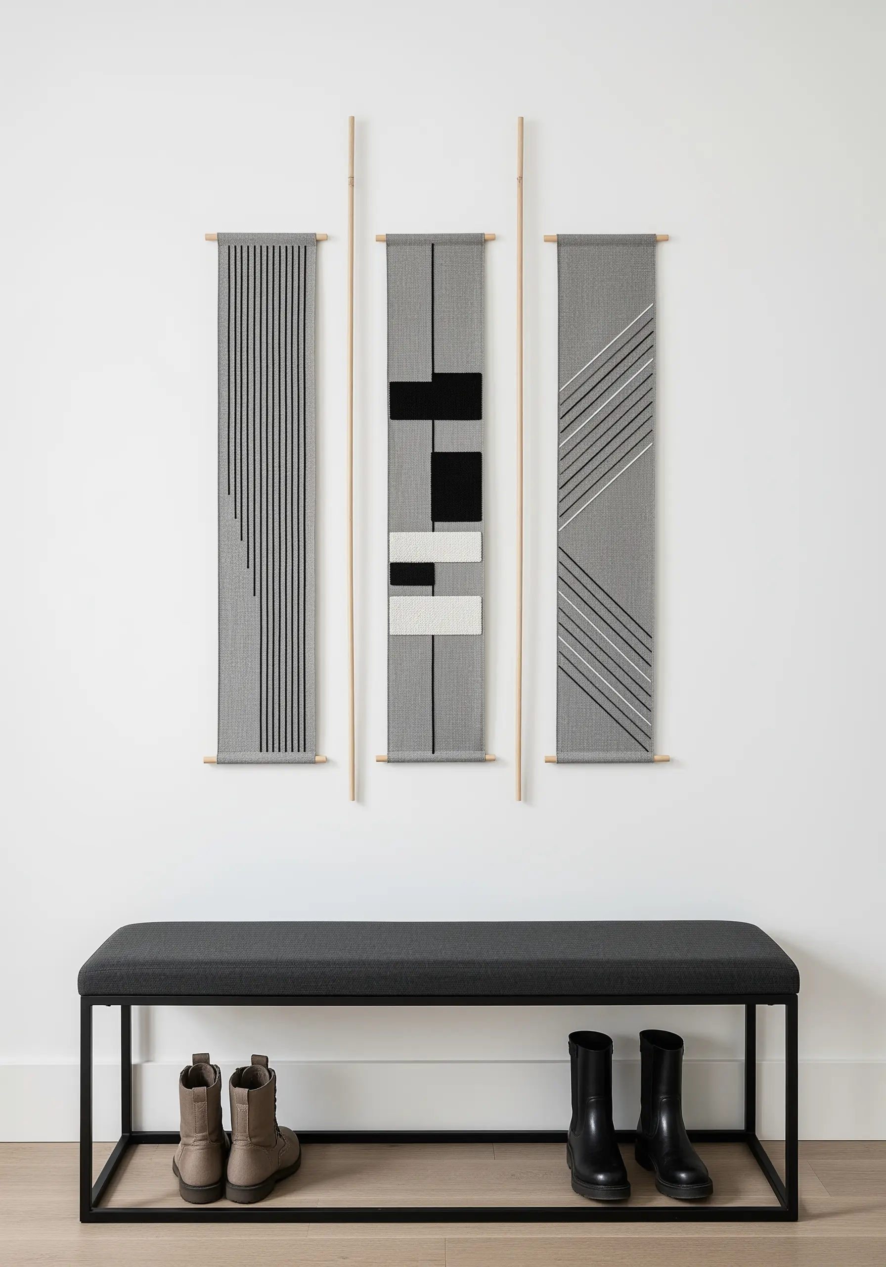 A triptych of narrow gray wall hangings, each with a unique black and white linear design.