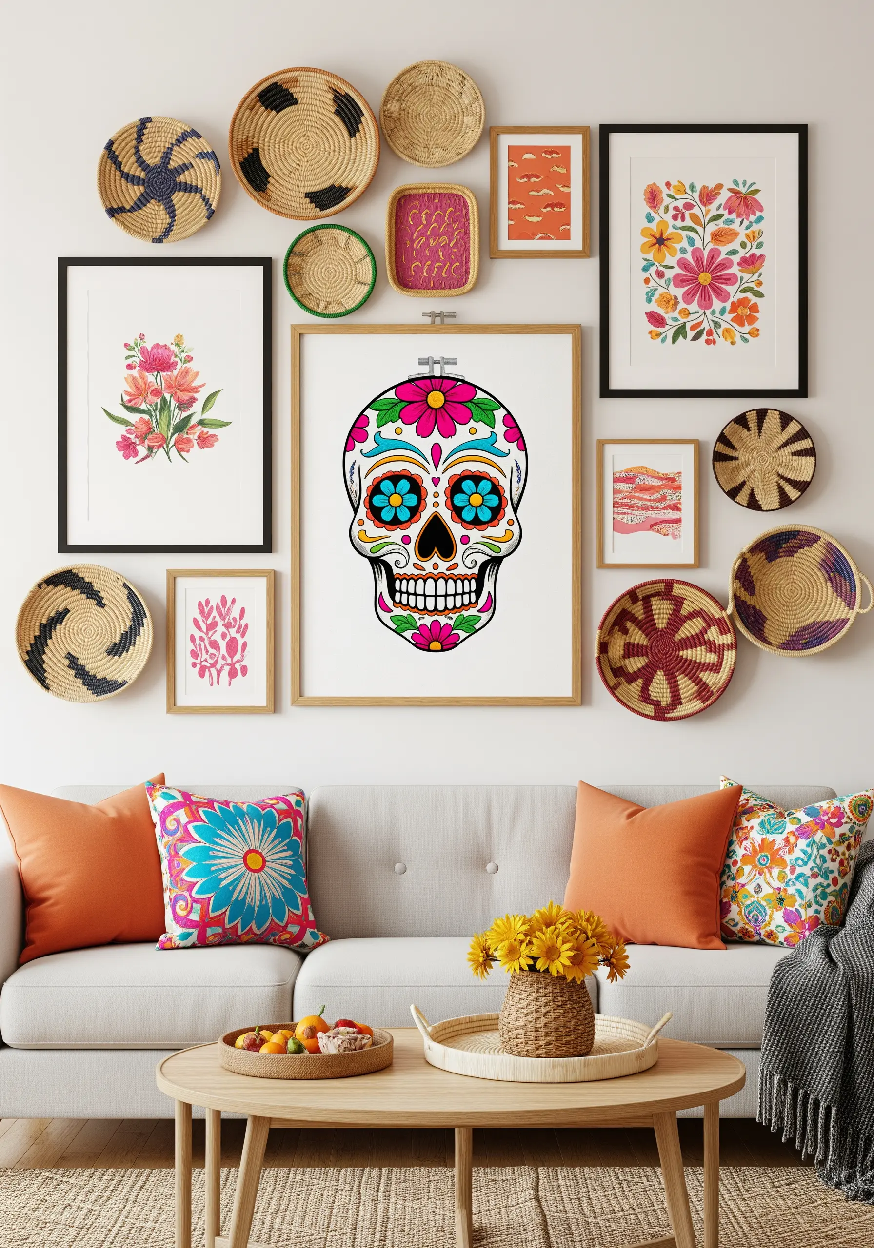 A gallery wall featuring a large embroidered sugar skull among framed art and woven baskets.