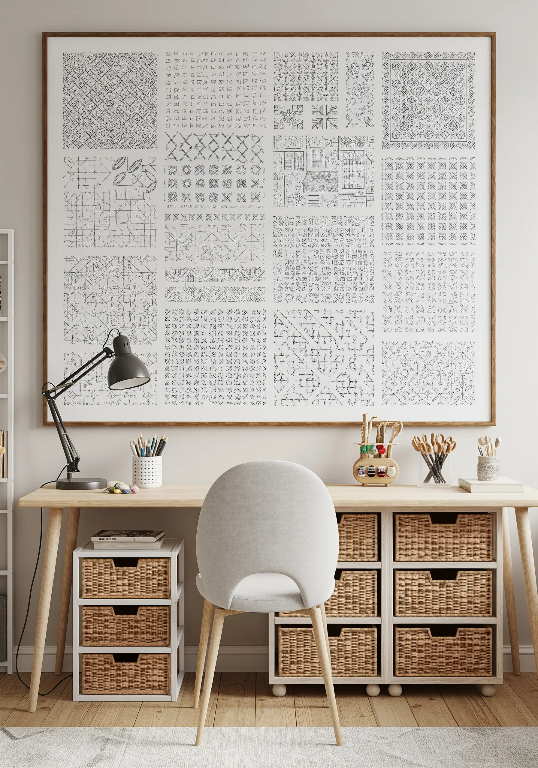 A large framed sampler showcasing dozens of different geometric blackwork patterns.